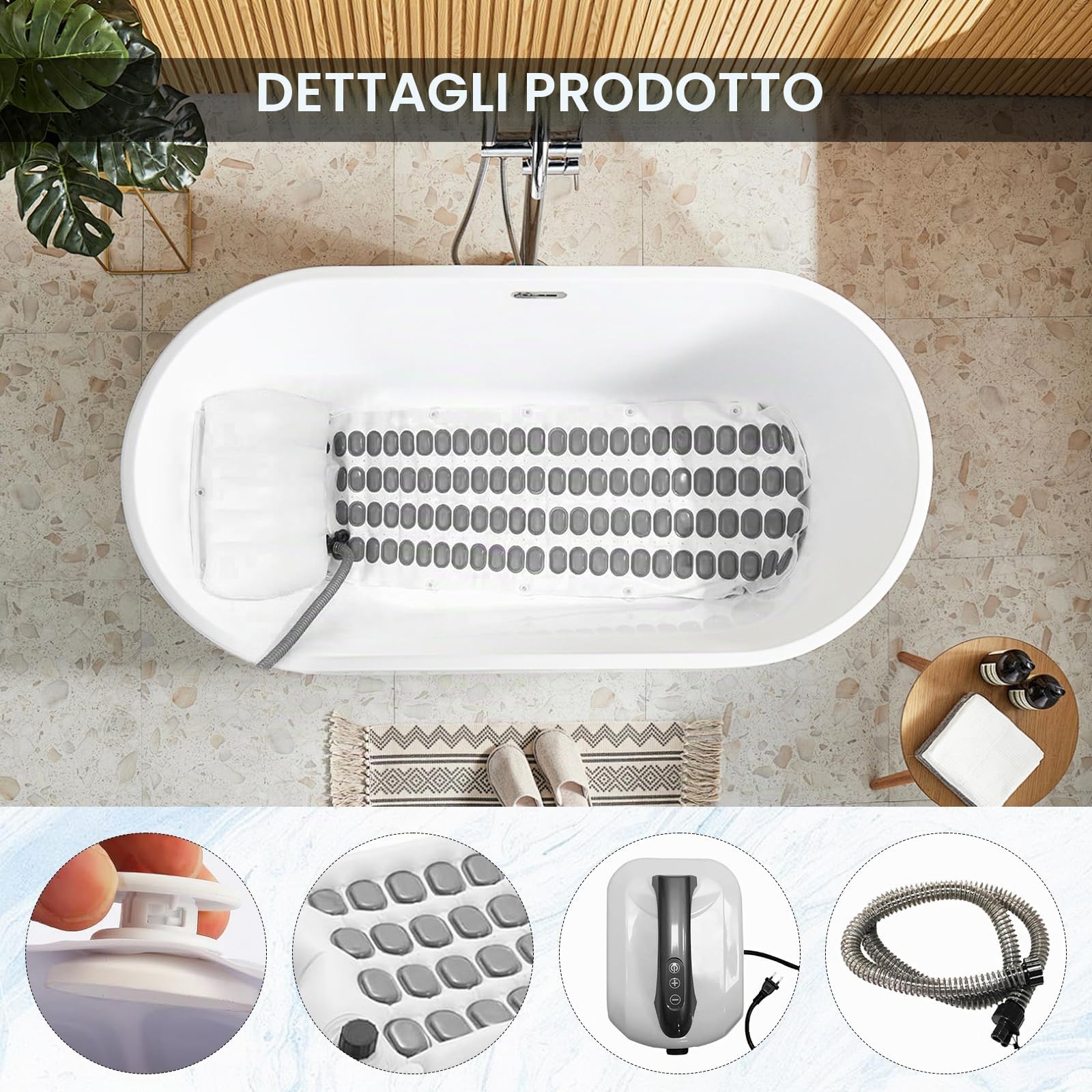 Tappetino per Vasca Idromassaggio, Spa Gonfiabile Idromassaggio 6 Livelli di Intensità Tappetino per Vasca con 114 Getti e Cuscino Accessorio per Bagno Idromassaggio