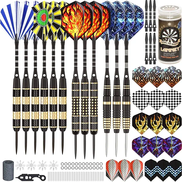LANNEY Darts Metal Tip Set, Steel Tip Darts Set 20 Grams 24 Grams and 26 Grams Professional Darts for Dartboard with Aluminum Shafts, Brass Barrels, Extra Flights, Sharpener Tool Kit, Carrying Case