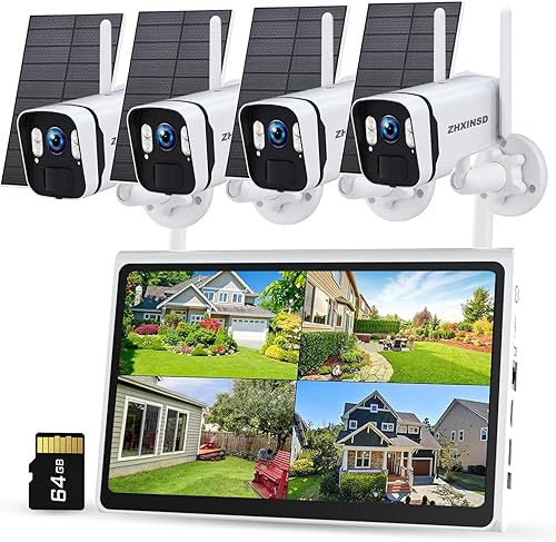 Cámara de seguridad con energía solar de 4 MP, sistema inalámbrico para exteriores con monitor de 10 pulgadas, 5G2.4G WiFi 4 piezas cámara de