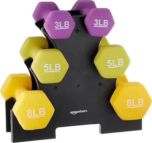 Amazon Basics DB9004 Dumbbell Set 3/5/8 lb w/ Rack No-Roll Heads