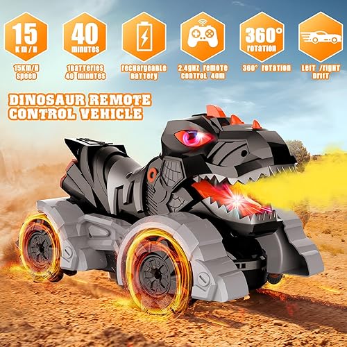 Miniatura 2 de Autos RC Juguetes de dinosaurio, 114, 2.4 GHz, auto de control remoto, camiones monstruos con música ligera y aerosol, 1200 mAh recargable RC