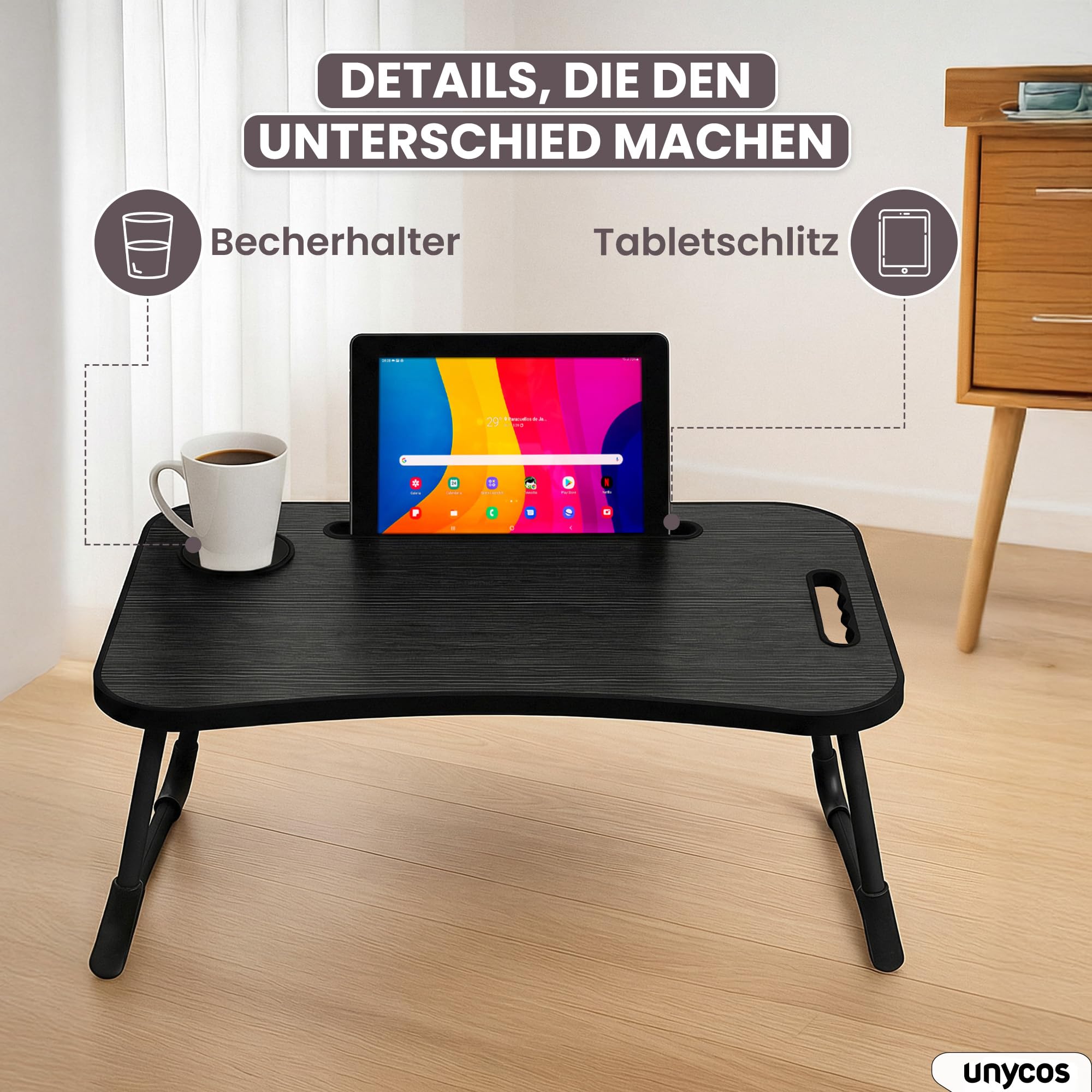 unycos - Betttablett Klappbar, Frühstückstablett mit Griff und Getränkehalter, Serviertisch, Ideal für Lesen und Arbeiten, Auch als Lapdesk Verwendbar 60x40x26 cm (Schwarz Neu ohne Schublade)