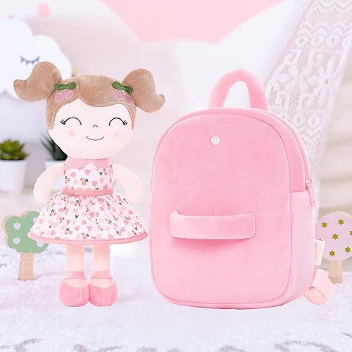 Miniatura 7 de Gloveleya Mochila para niños, mochila de felpa con muñeca suave, color rosa cereza, 9 pulgadas
