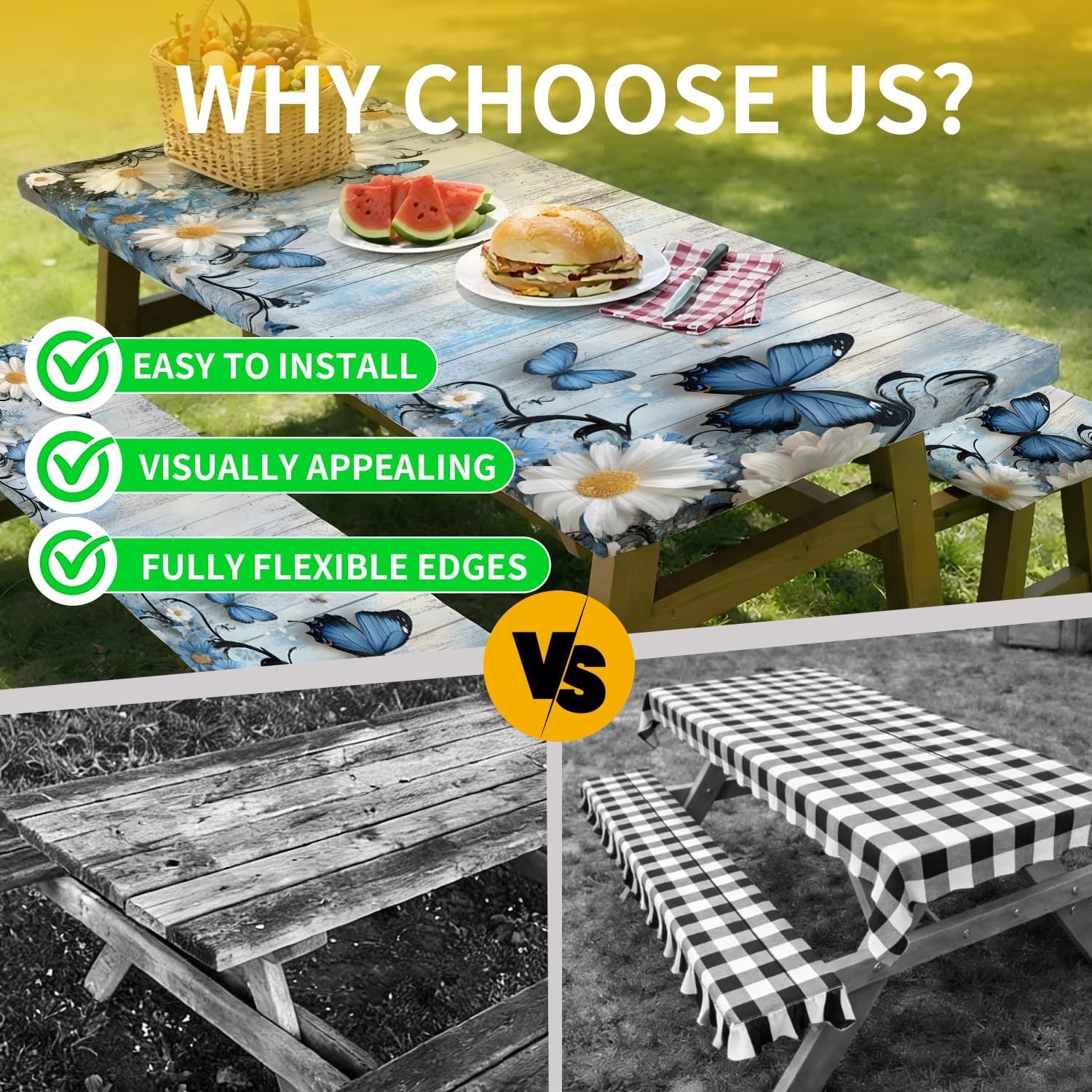 72x30 Picnic Table Cover with Bench Covers - Waterproof Vinyl Camping Tablecloth for 6FT Tables, Elastic Edges Windproof, Outdoor RV Must Haves with Bag, 4 Piece Set.