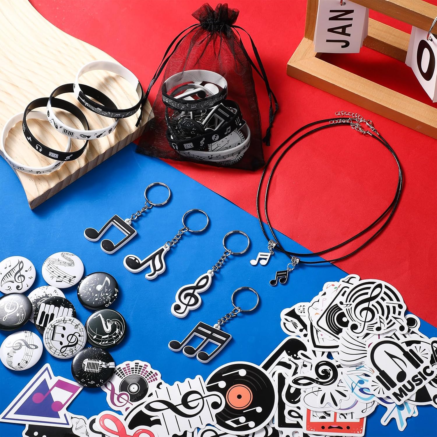 Seajan 110 Pcs Music Party Favors Include Music Notes Silicone Bracelets Piano Note Necklaces Keychains Stickers Badges Organza Gift Bag Fillers for Piano Themed Birthday Party Supplies Decorations