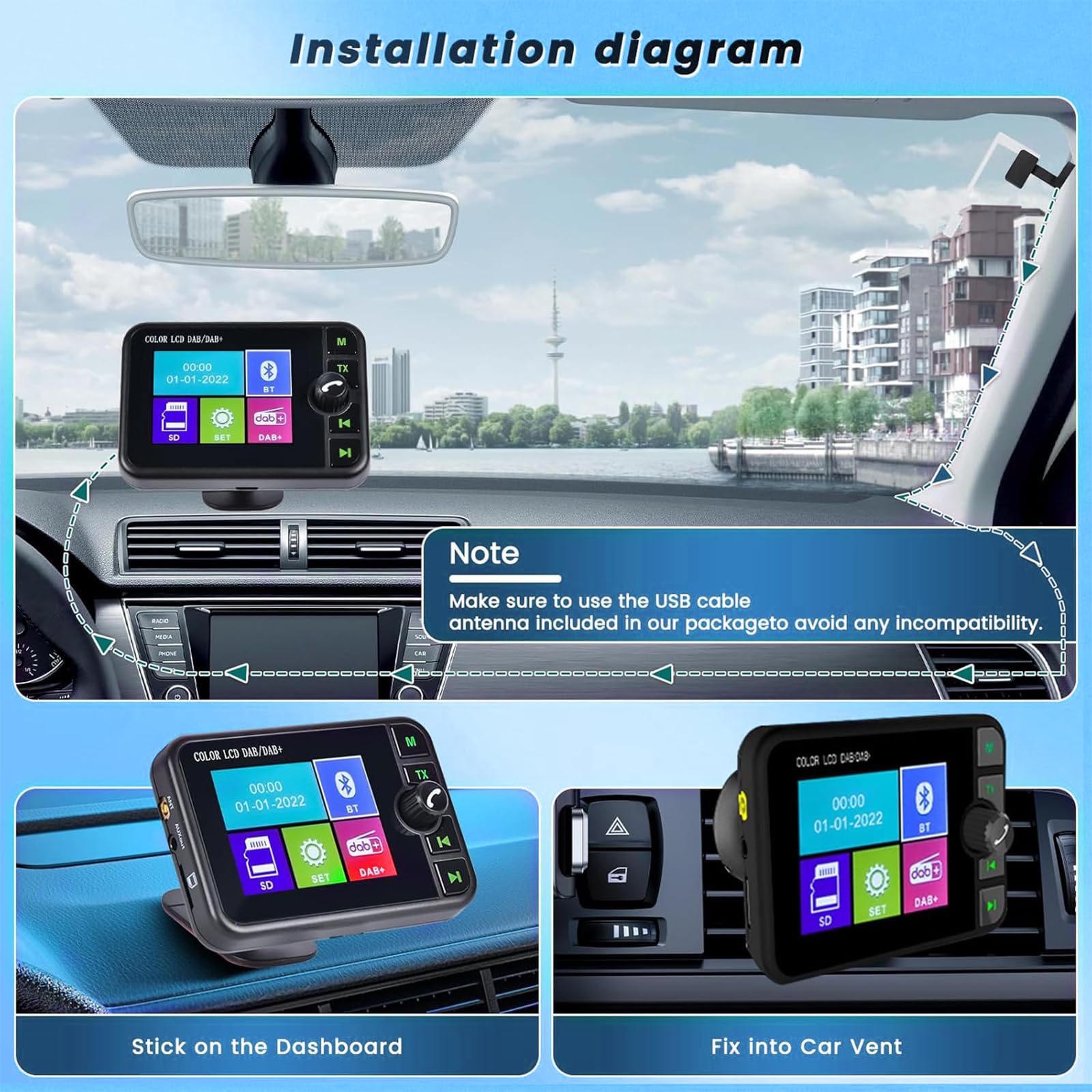 DAB Adapter für Autoradio 2,4'' LCD Tragbares DAB+ Autoradio Adapter mit FM Audio Transmitter, Bluetooth Freisprecheinrichtung, Bluetooth Musik, AUX In&Out, Unterstützung TF Karte