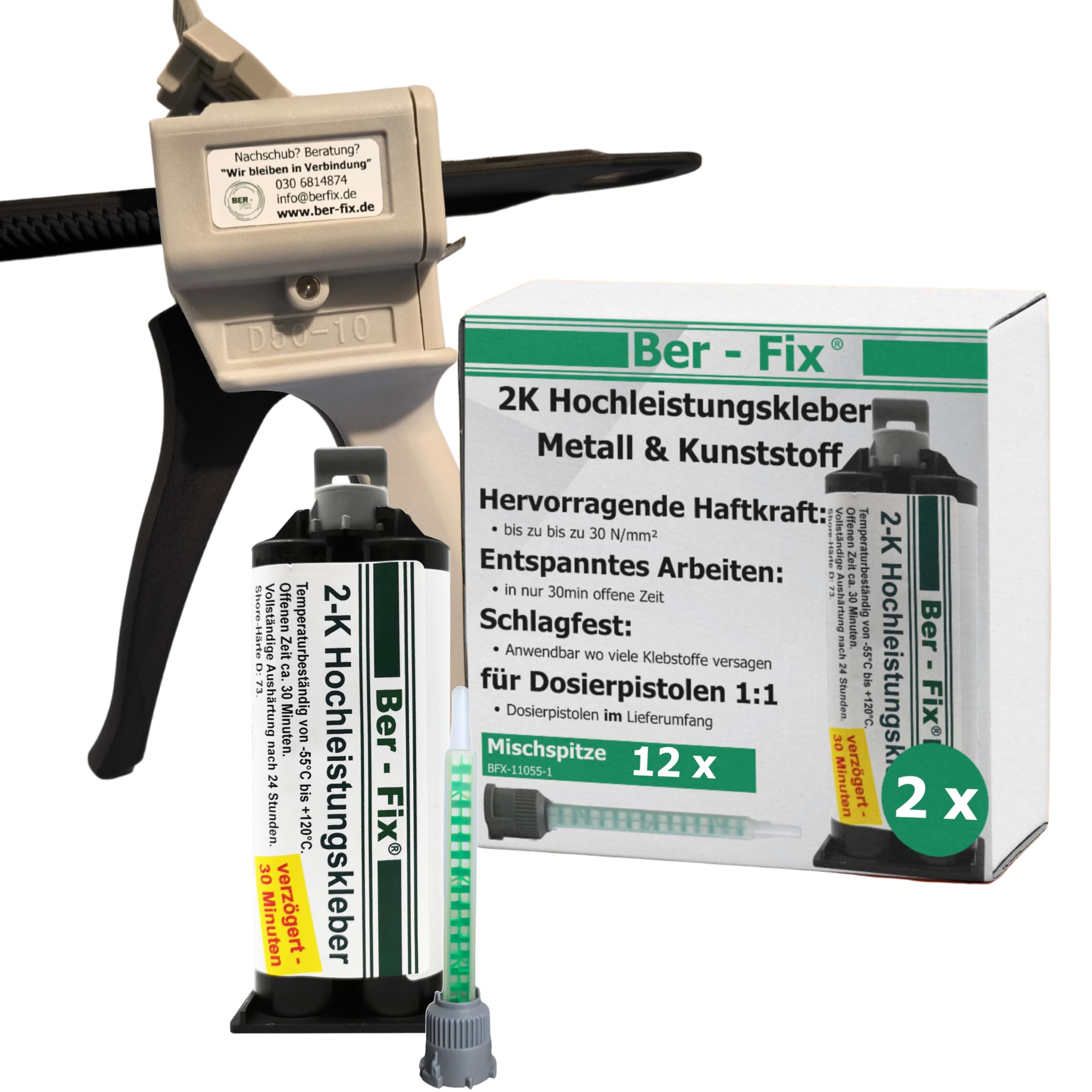 Ber-Fix Hochleistungskleber 2K MMA 30 Min 2x50g + 12 Düsen + Pistole