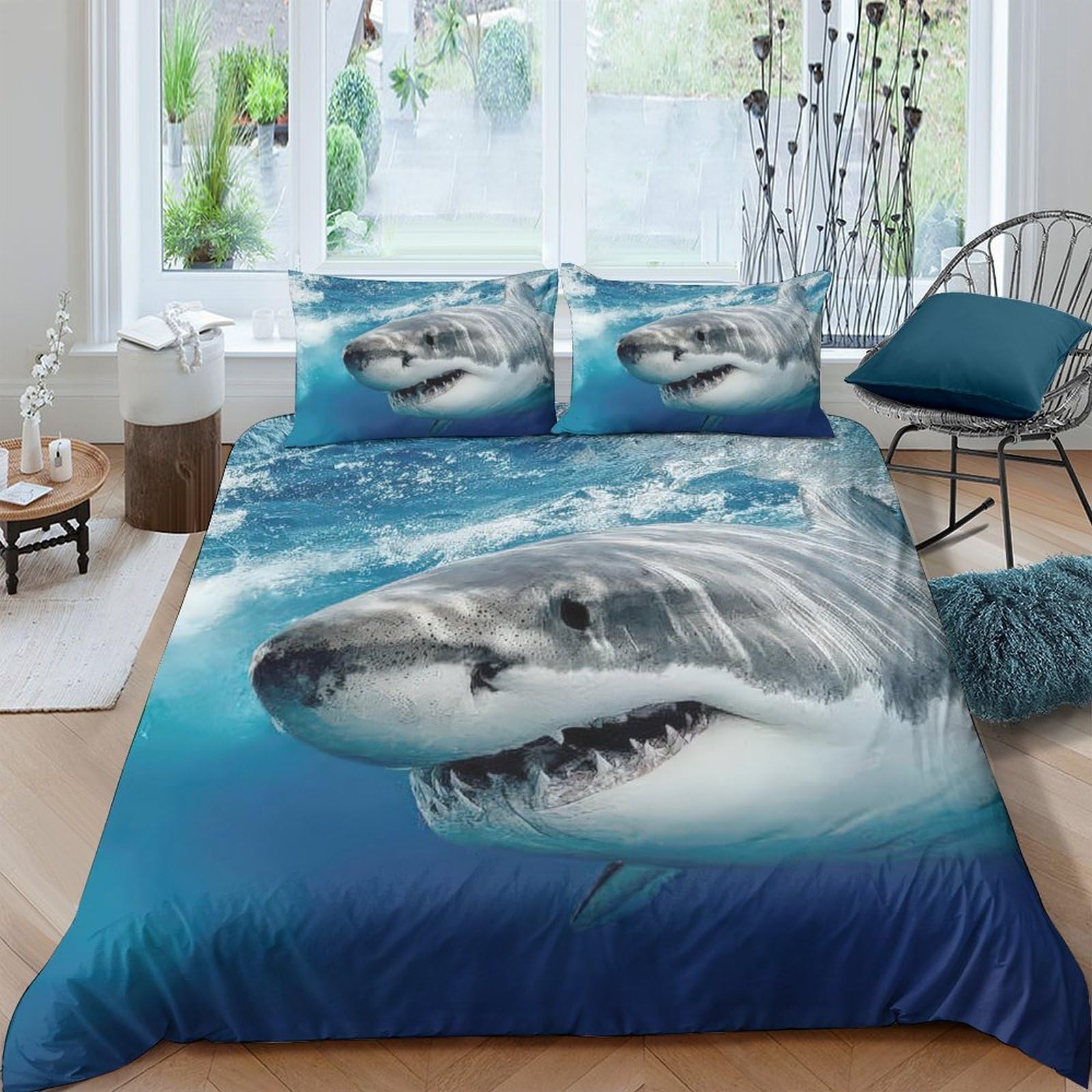 GPLZQXKJNH 3D Printed Shark Ocean Duvet Cover Microfiber Blue Bedding Set with 2 Pillowcases, Breathable for Bedroom Decor Single（135x200cm）