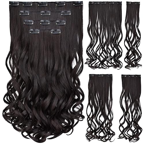 Extensión de cabello castaño oscuro, extensiones de cabello con clip, de 18 pulgadas, ondulado, sintético, 5.5 onzas, HSPCYGG de 22 pulgadas,