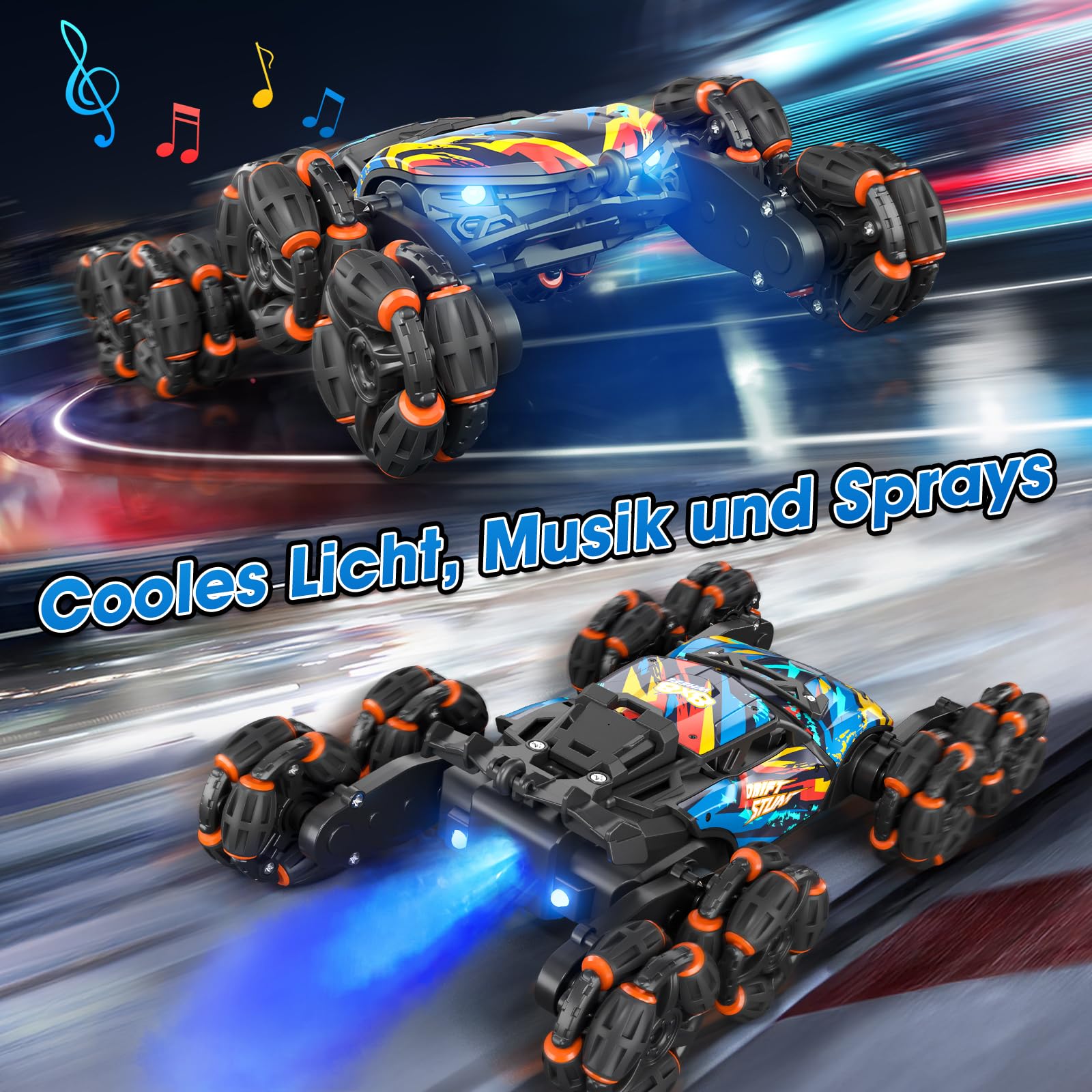Ferngesteuertes Auto, 8WD RC Drift mit Handsteuerung, RC Stunt mit LED Licht, Musik und Spray, Ferngesteuertes Spielzeug Geschenk ab 3 4 5 6 7 8 9 10 11 12 Jahre Jungen, Coole Auto Kinder Spielzeug