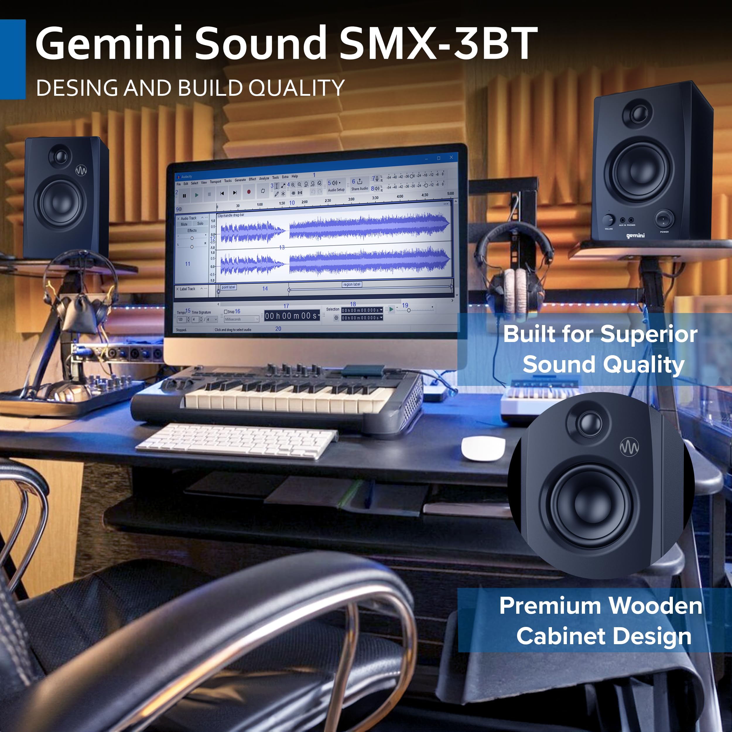 Gemini Sound SMX-3BT 100W Bluetooth Bookshelf Studio Monitor Speakers, Active/Passive Pair for PC, Turntables, Desktop, RCA/3.5mm Aux Input, Wood Cabinet, EQ Control, Perfect for Home Studio and DJs