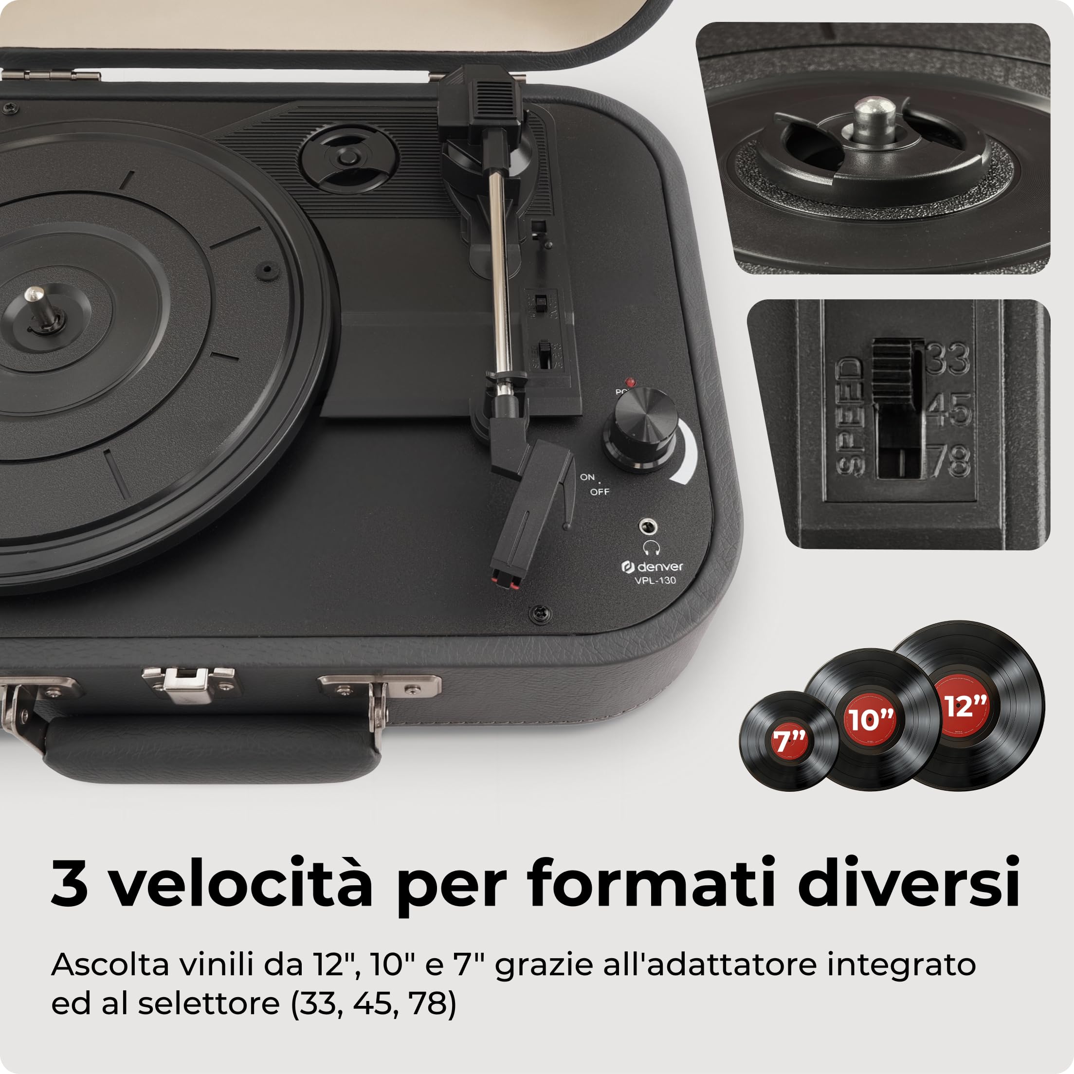 VPL-130DGR - Giradischi vintage con altoparlante, 33/45/78 RPM, USB per digitalizzare, AUX e cuffie, uscita RCA, lettore portatile in vinile senza Bluetooth