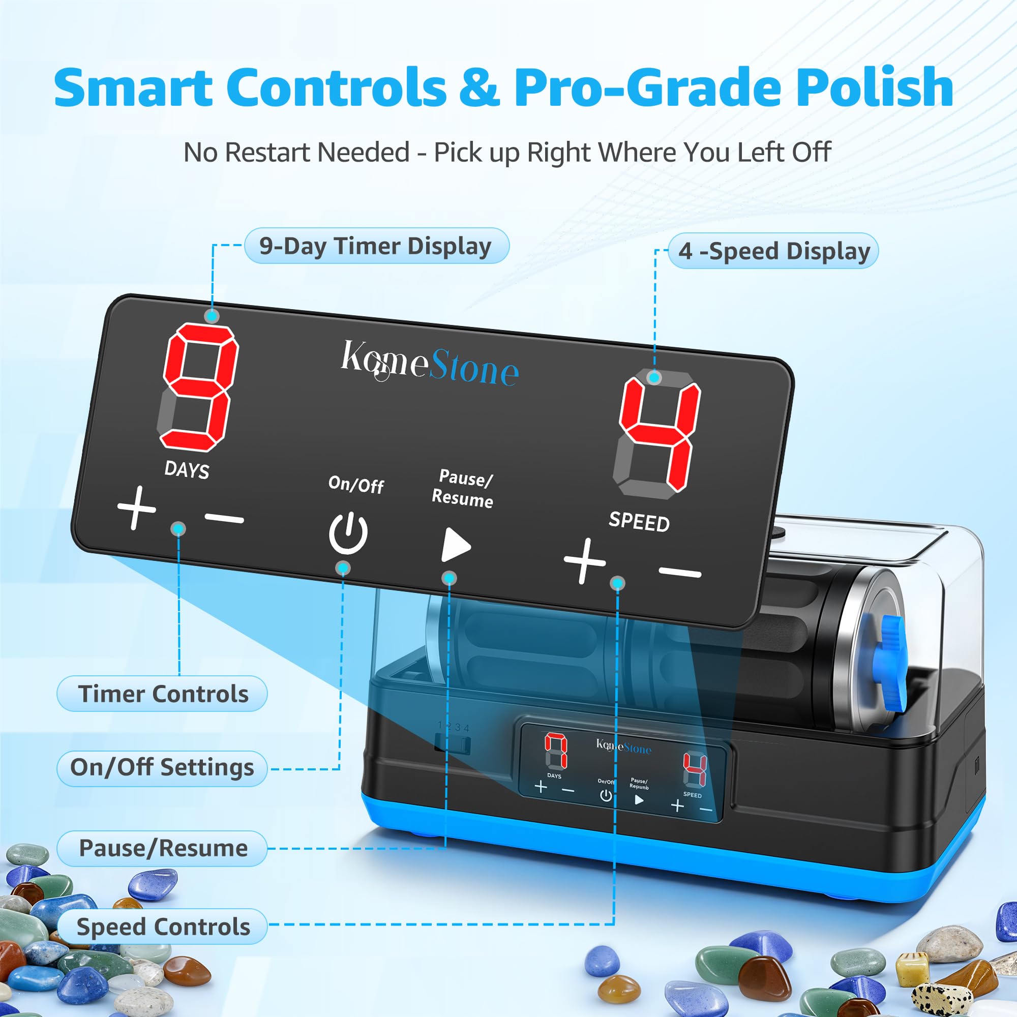 KomeStone Ultra Quiet Brushless Rock Tumbler Kit – 7LB Dual Barrel Polisher with Noise-Canceling Cover, Complete Gemstone & Jewelry STEM Set for Adults & Gift - 5