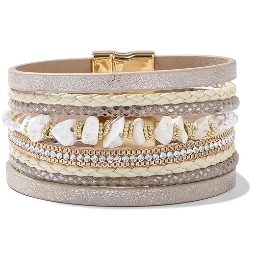 FANCY SHINY Turquoise Beaded Leather Wrap Bracelets Stackable Boho Cuff Bracelets with Magnetic Clasp Trendy Western Jewelry Cowboy Cowgirl Outfits for Women