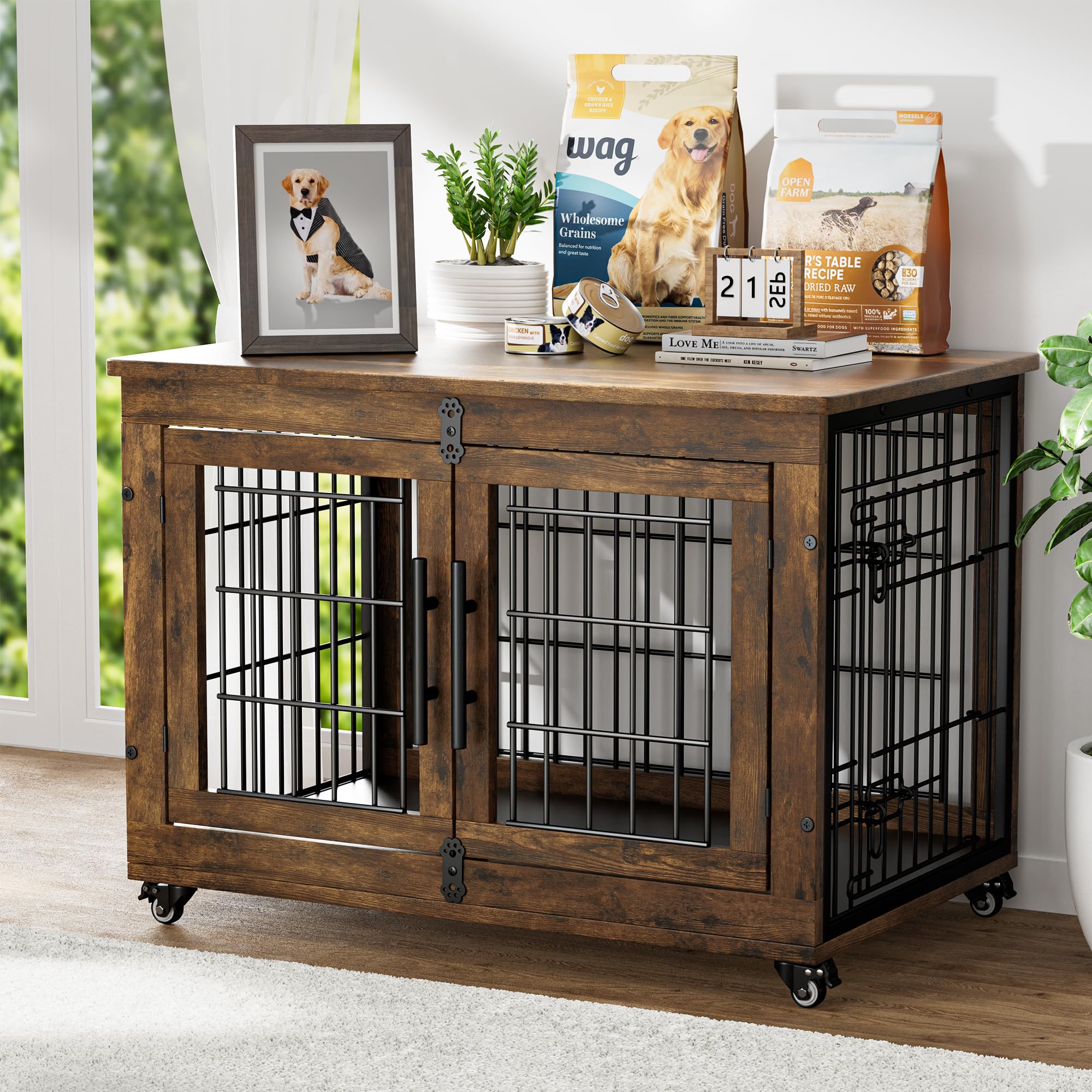 GIKPAL Hundebox für Zuhause mit Kissen, 83cm Hundekäfig Möbel für Drinnen mit Doppeltüren und Rädern, Moderne-Hundebox Holz für Klein, Mittlere Hunde bis zu 45 lb, 83x56x64cm, Rustikales Braun