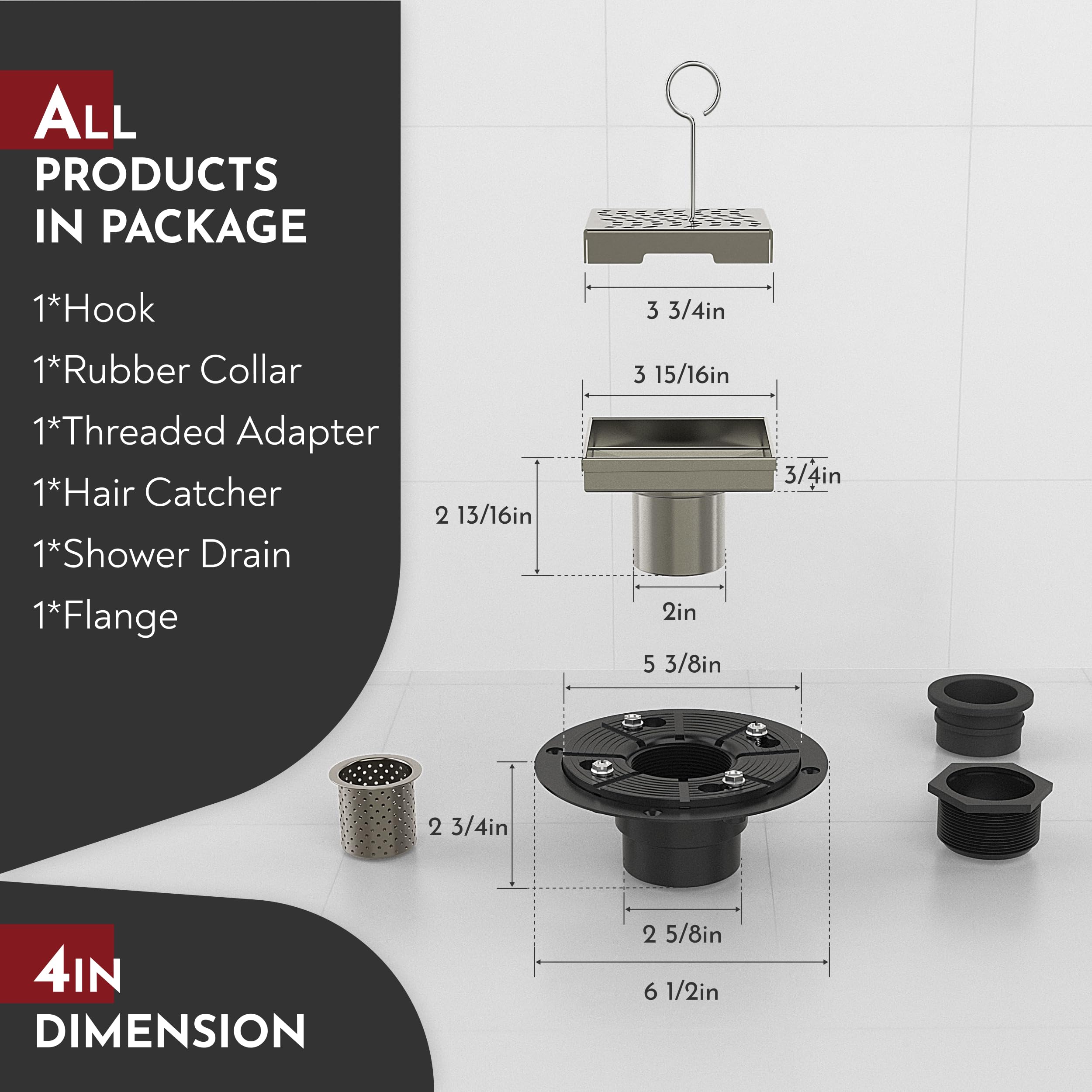 WEBANG Drenaje de suelo de ducha de 4 pulgadas con accesorios, rejilla extraíble de acero inoxidable SUS304 con marca de agua y níquel cepillado certificado CUPC