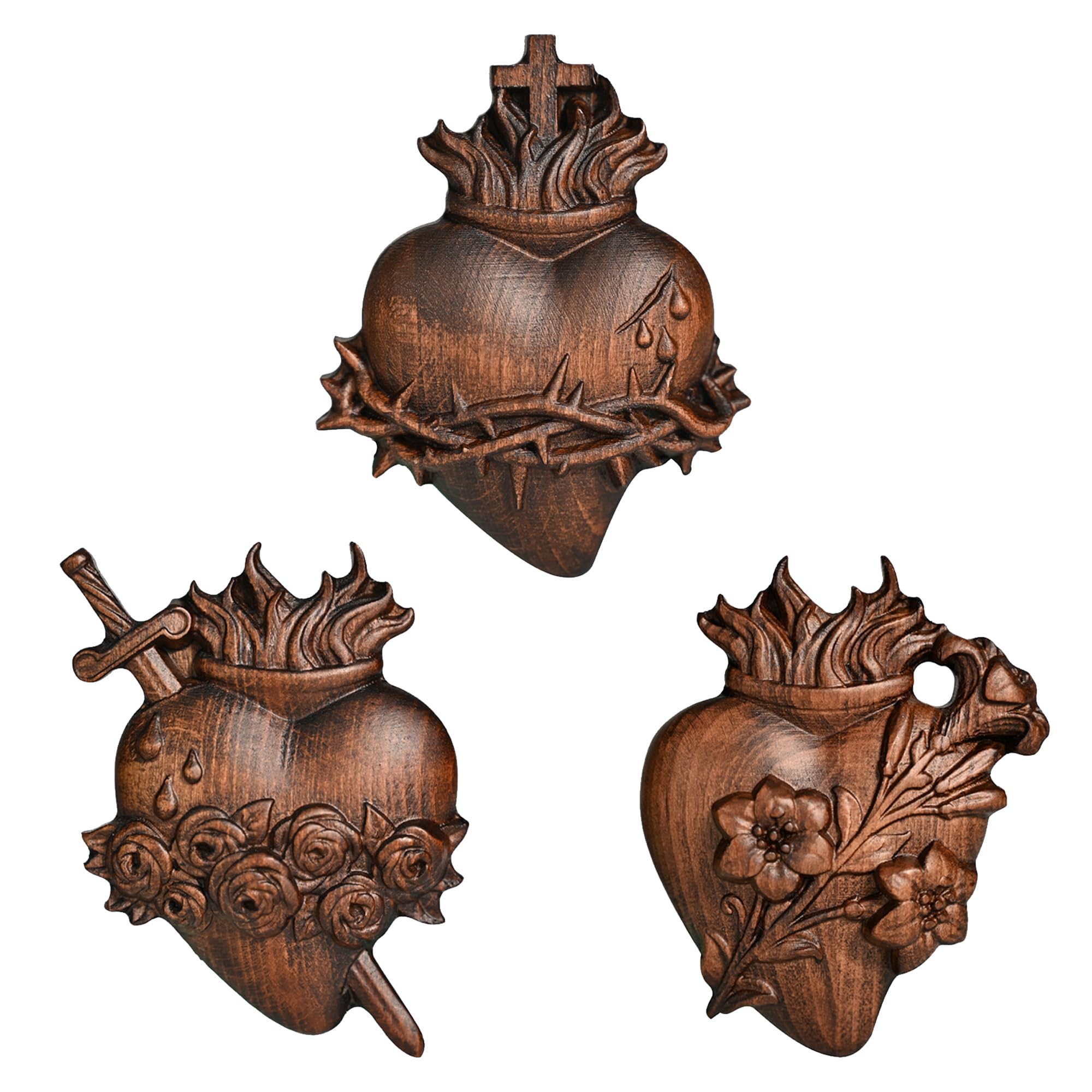 bgcarpenter Three Sacred Hearts Wall Decor Wooden Sacred Heart of Jesus Immaculate Heart of Mary The Most Chaste Heart of Joseph, Religious Handmade Holy Family Wall Art - 6 Inch