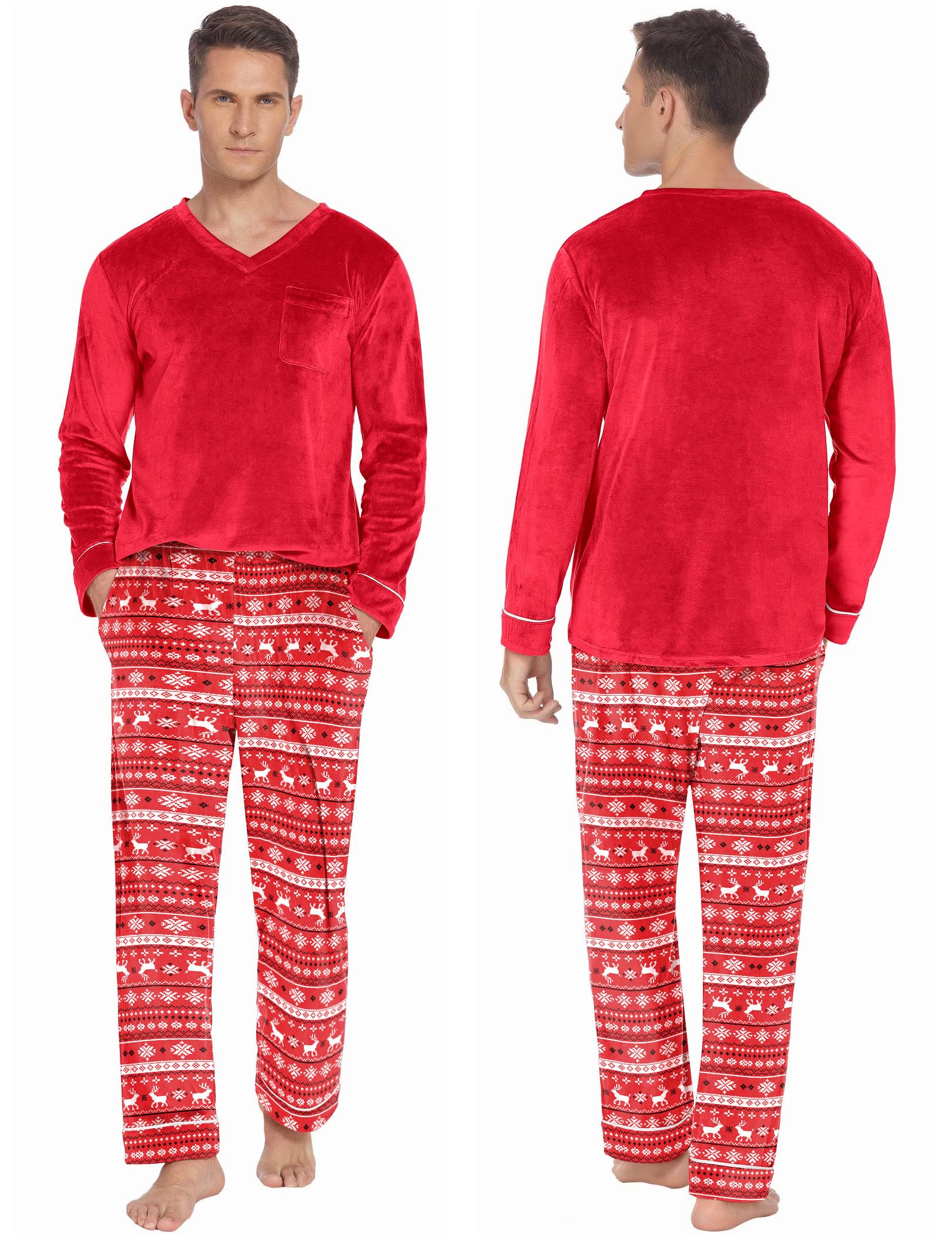 Ekouaer Conjunto de pijama a juego para parejas, conjunto de pijama de terciopelo para hombres y mujeres, ropa de dormir de manga larga de terciopelo, tallas S-XXL, Rojo