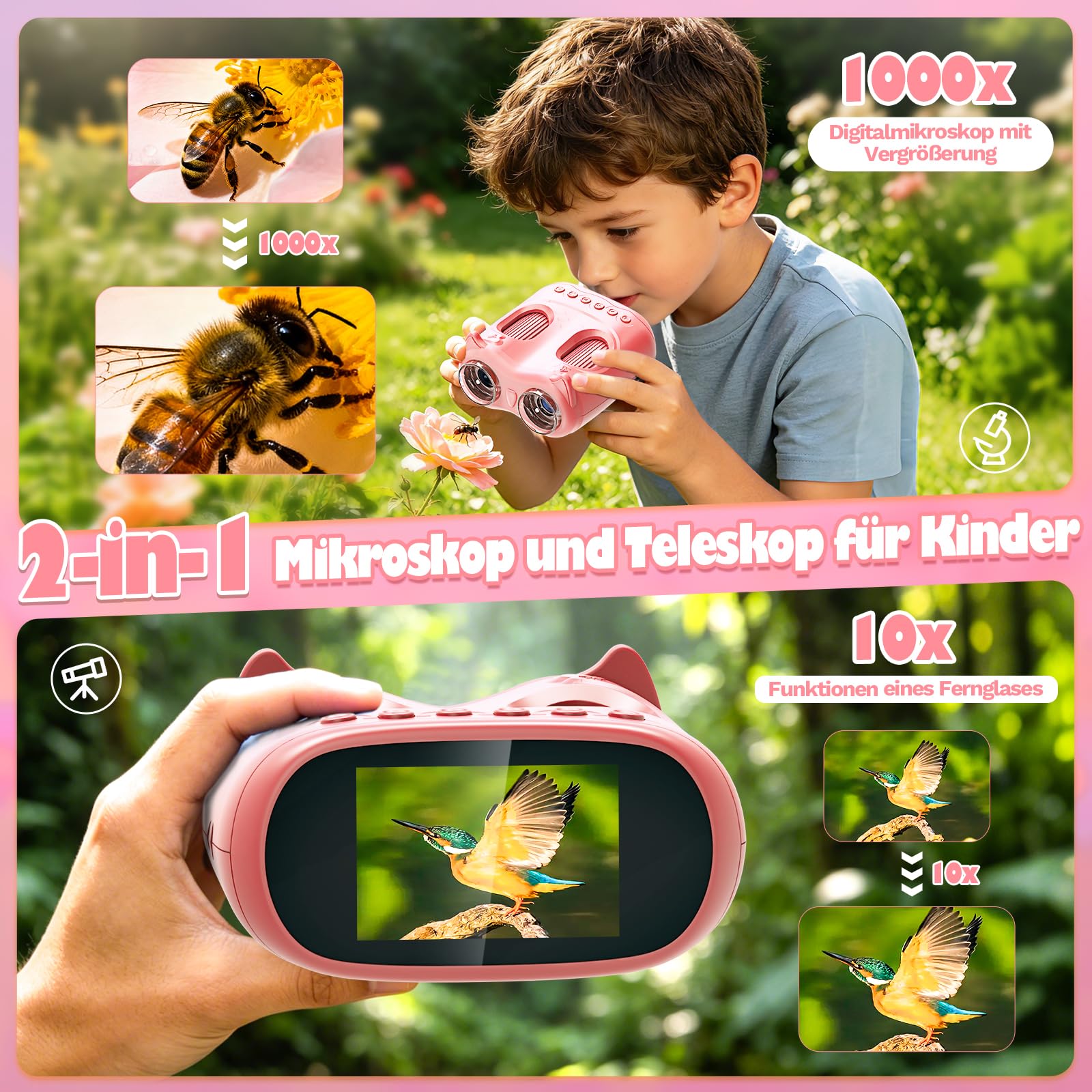 2-in-1 Digitales Mikroskop und Teleskop für Kinder, 1000x Tragbares Taschenmikroskop Kinder mit 2,0" HD Bildschirm, Fotofunktion und Funktionen des Teleskops für Geburtstagsgeschenk (Rosa)