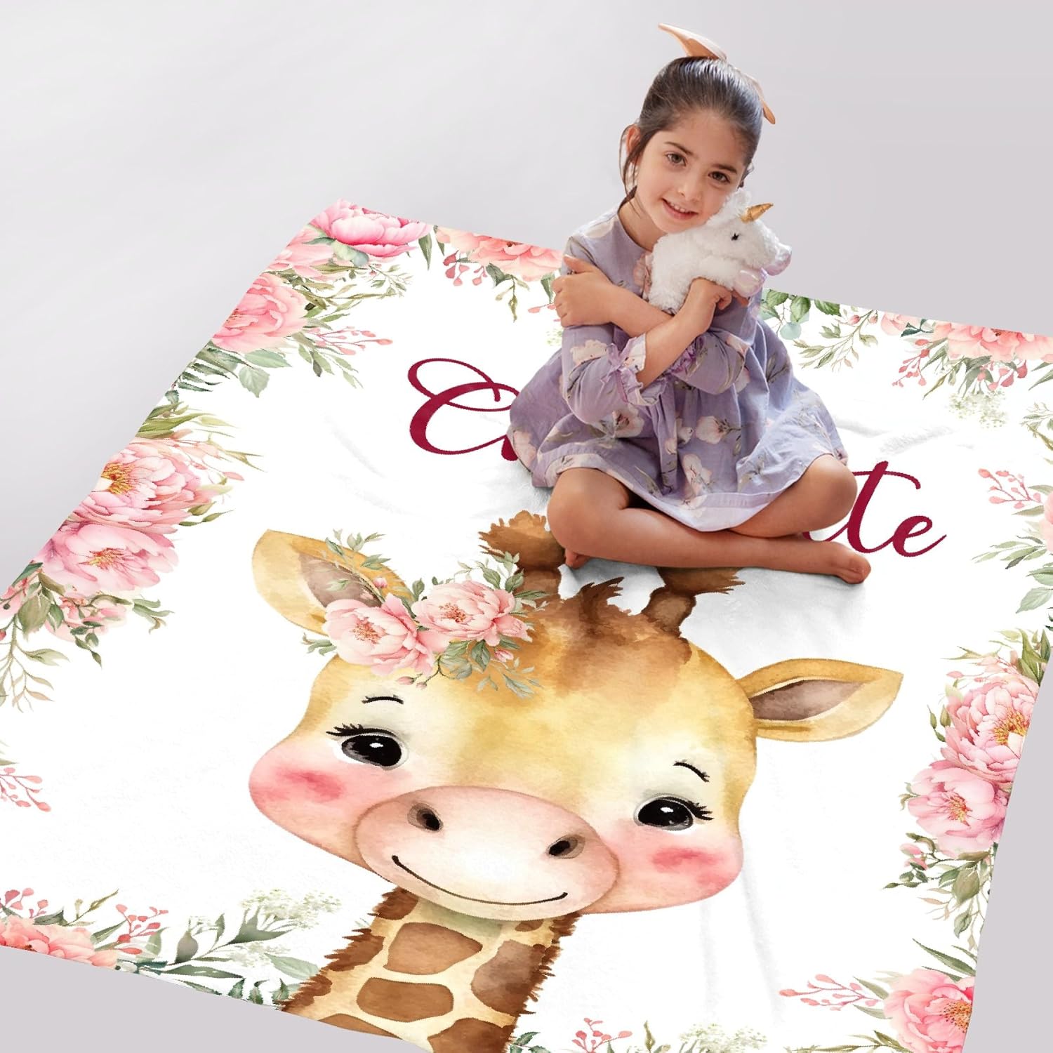 Custom Giraffe Floral Baby Name Blanket Gifts for Boys Girls, Super Soft Warm Lightweight Personalized Giraffes Throw Blanket for Giraffe Lovers Couch Home Decor 40x50 Inch for Kid