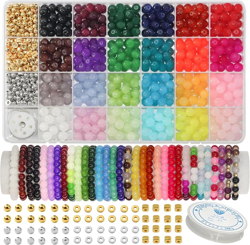JULIMAIDONG 8mm 24Color Glass Beads for Bracelets Jewelry Making Kits | 1000PCS Round Crystal Glass Bracelet Beads Making Kit for Jewelry Making Kits Bead DIY Crafts with Spacer Charms Accessories