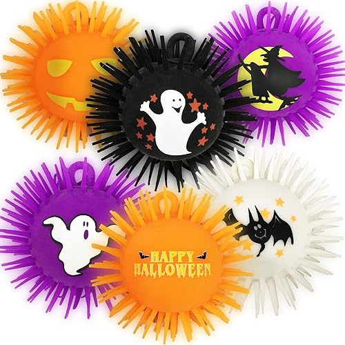 ArtCreativity Bolas de Halloween iluminadas, juego de 6, bolas de estrés suaves y puntiagudas para niños en varios colores, juguetes LED para
