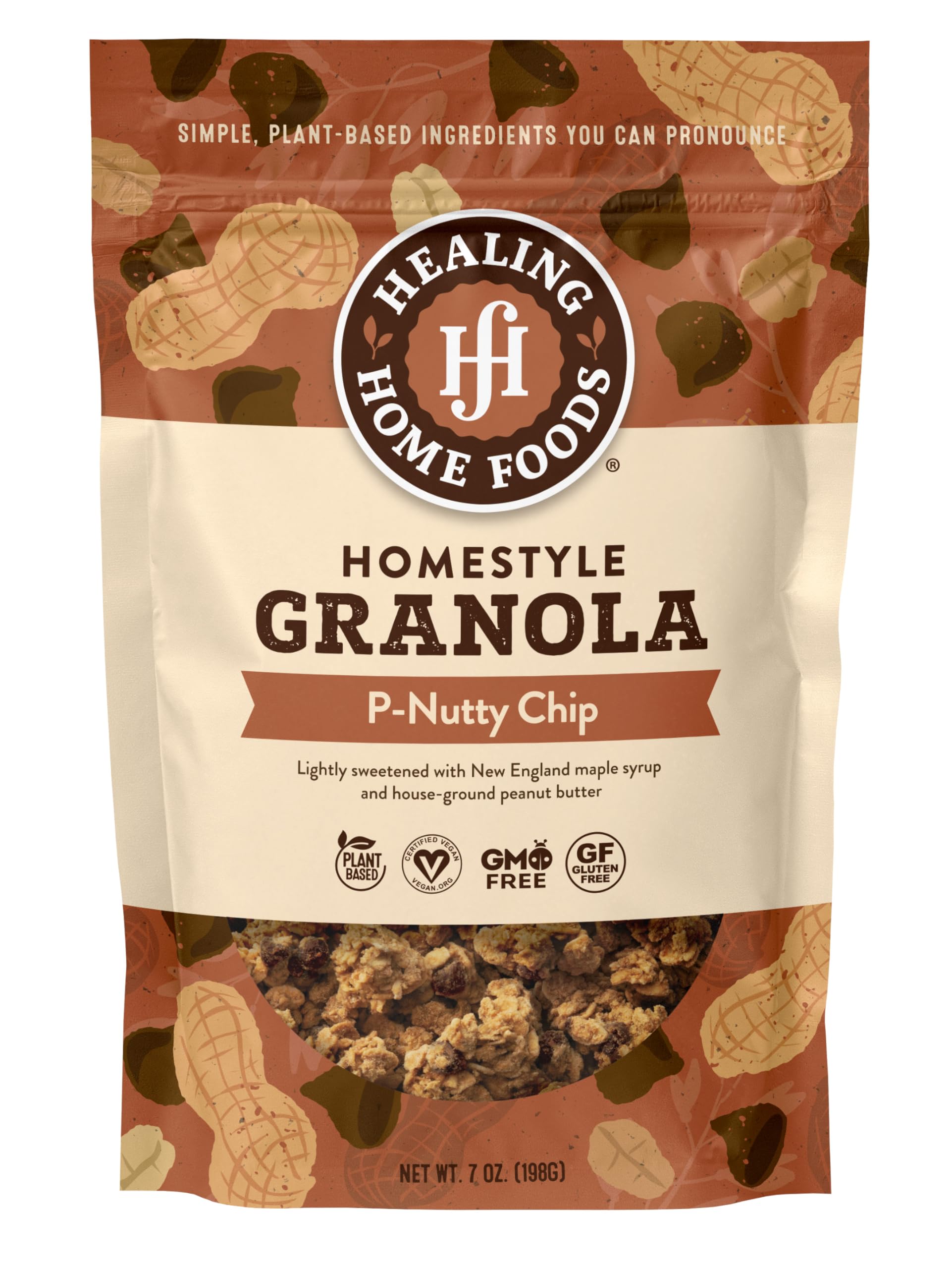 Healing Home Foods P-Nutty Chip, Gluten Free Granola Mix with Peanut Butter & Chocolate Chips - Low Sugar Granola Clusters, Vegan & Healthy Breakfast Snacking Cereal for Yogurt, 7oz (1Pack)