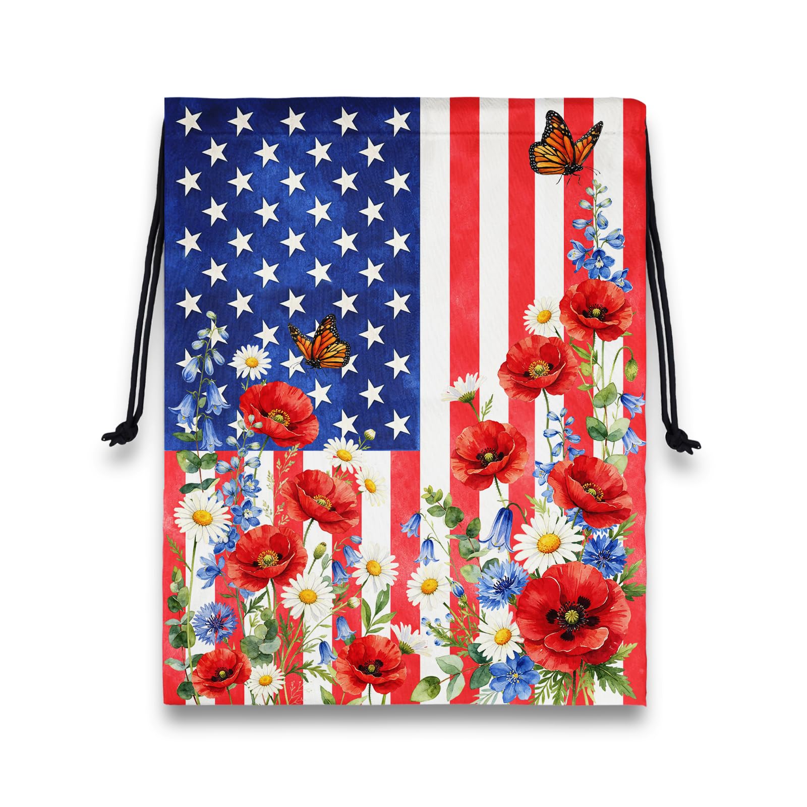 USA Flag Grip Bag Butterfly Floral 4 th of July Drawstring Bag for Gym
