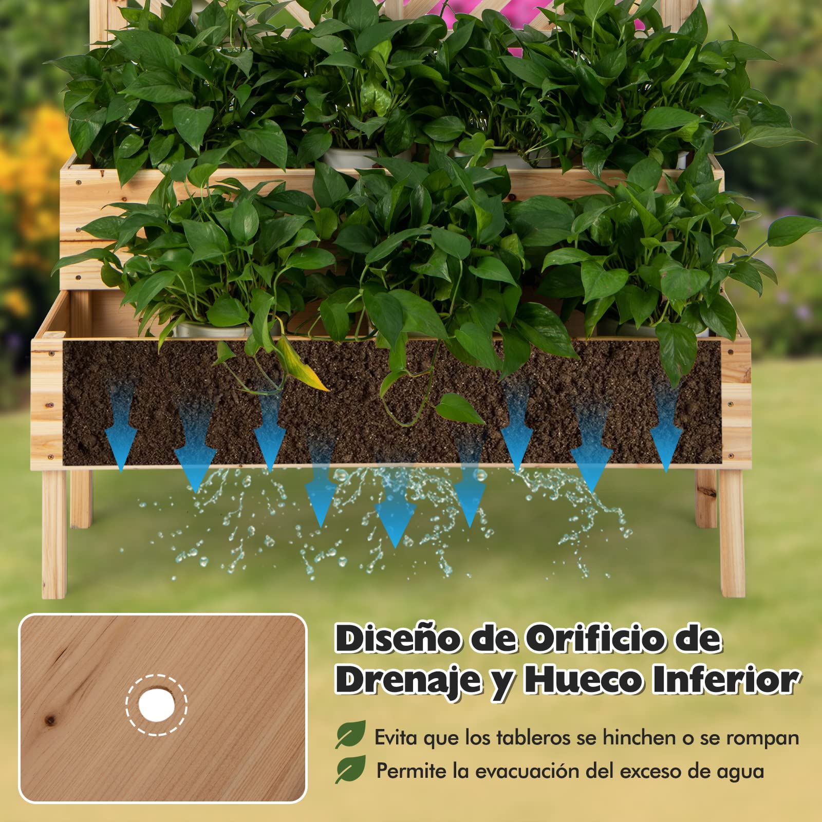 COSTWAY Cama Elevada de Jardín de 2 Niveles con Enrejado, Caja de Cultivo Elevada de Madera con Patas, Agujero de Drenaje, Maceta Interior y Exterior para Jardín, Patio y Balcón (Natural)