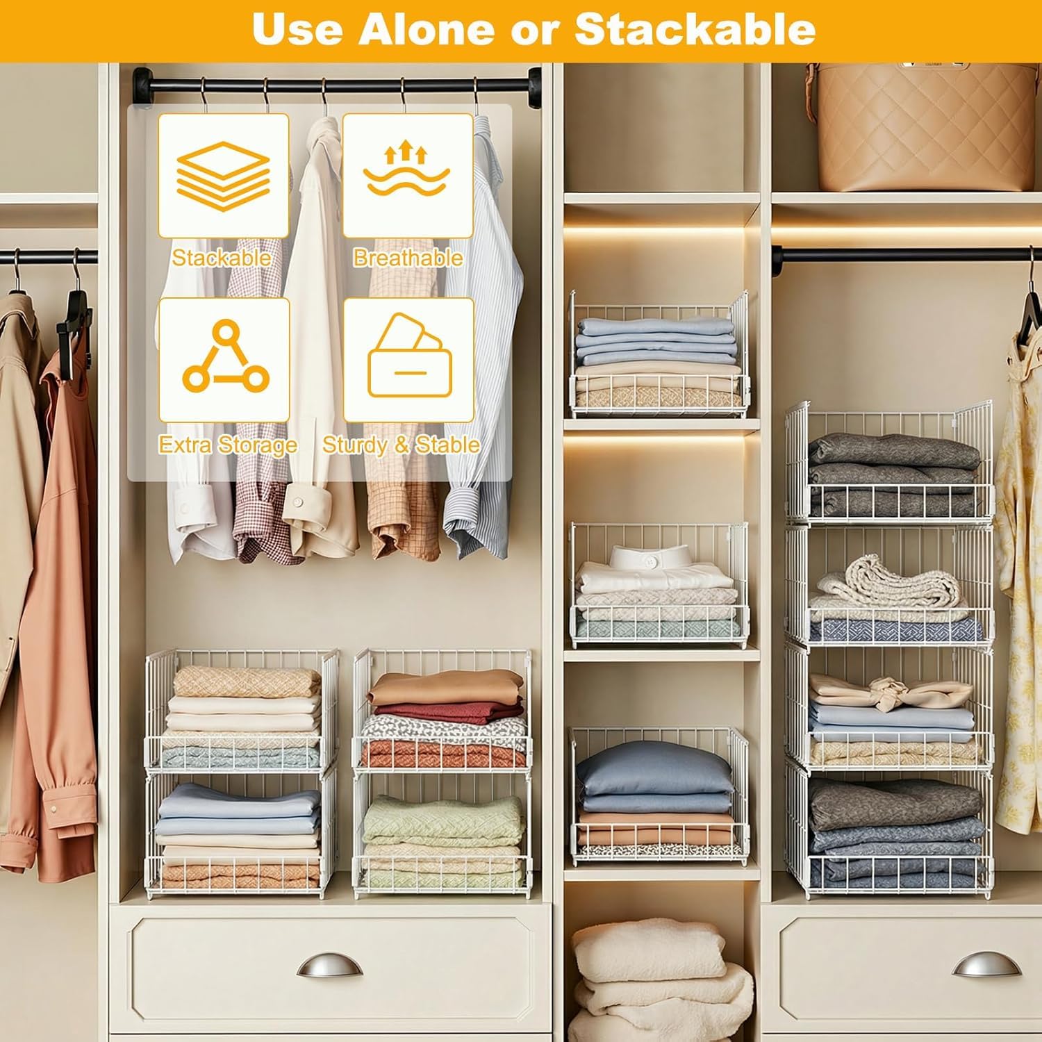 Pack de 4 Blanco Organizadores de armario apilables, Caja de almacenamiento y organizador para cajones, Cesta de almacenamiento para ropero, Sistema de organización plegable para armarios y cajones