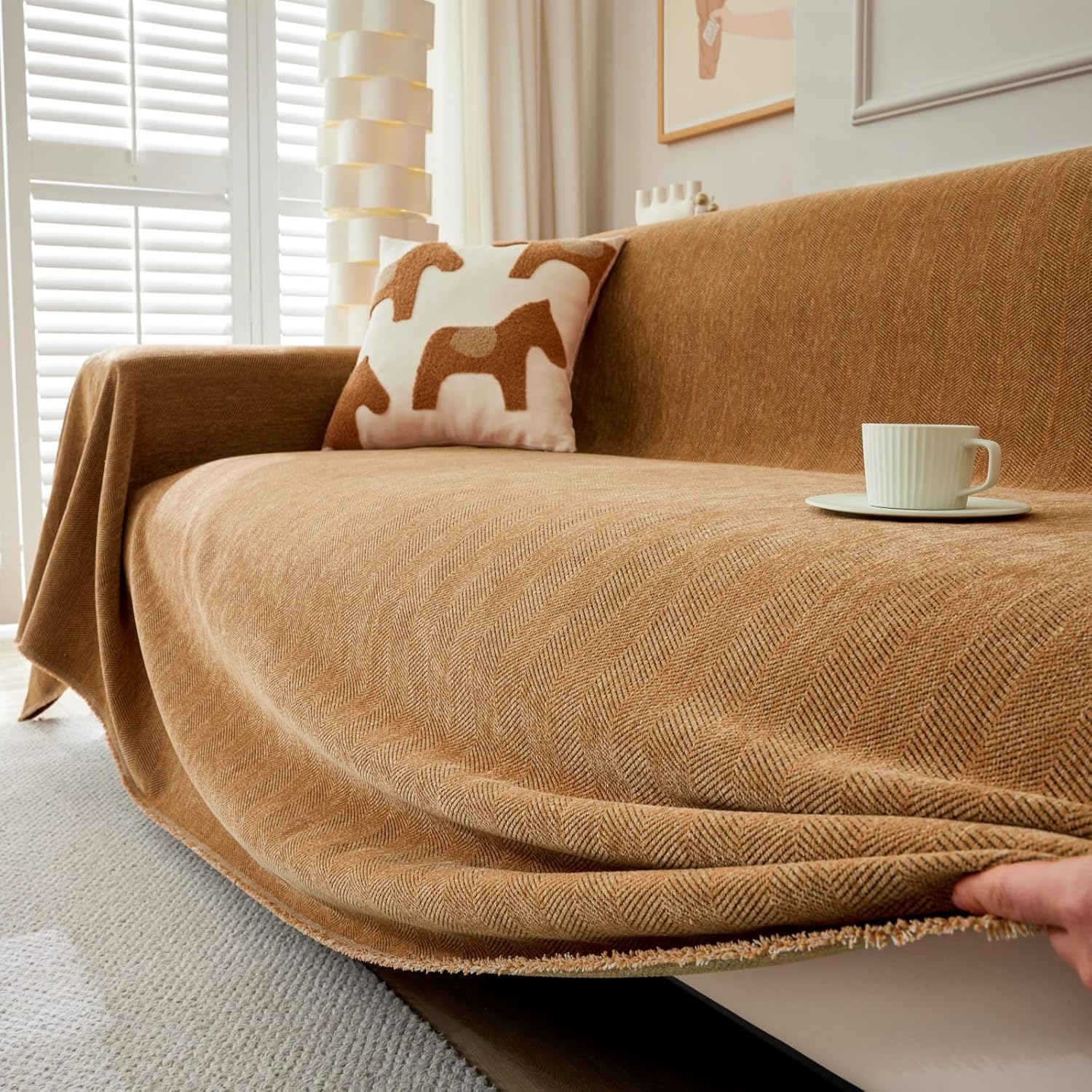 TAOTAOGO Sofa Cover 4 Seater Chenille Corner Sofa Slipcover Washable L Shape Sectional Couch Cover Furniture Protector for Pet All-Season B Orange 230x420cm