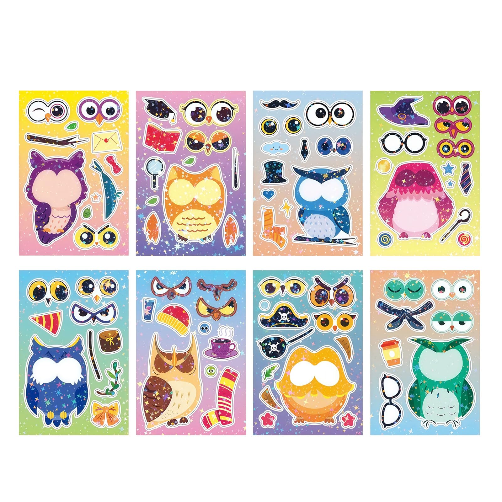 Kotkiddy 24 Pieces Owl Stickers Kids Make A Face Decals DIY Glitter Owl Stickers Holographic Birthday Party Favor Gifts Exchange Presents