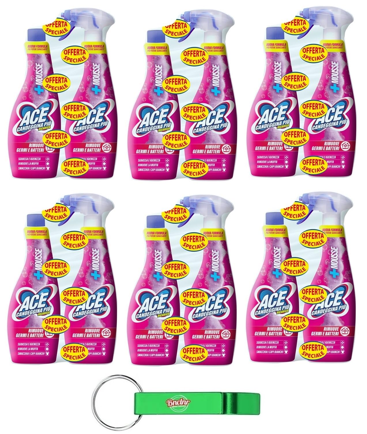 6x ACE Candeggina Spray Mousse 650ml + Ricarica 650ml -Confezione da 2x650ml + Portachiavi Beni Culinari in Omaggio