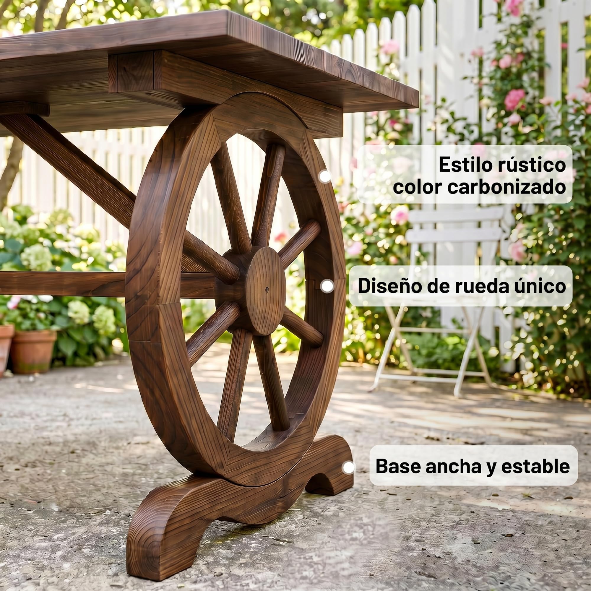 Outsunny Mesa de Jardín de Madera con Patas en Forma de Rueda, Mesa de Terraza Exterior, 110x60x65 cm, Carga Máxima 100 kg, para Patio, Exterior, Madera Carbonizada