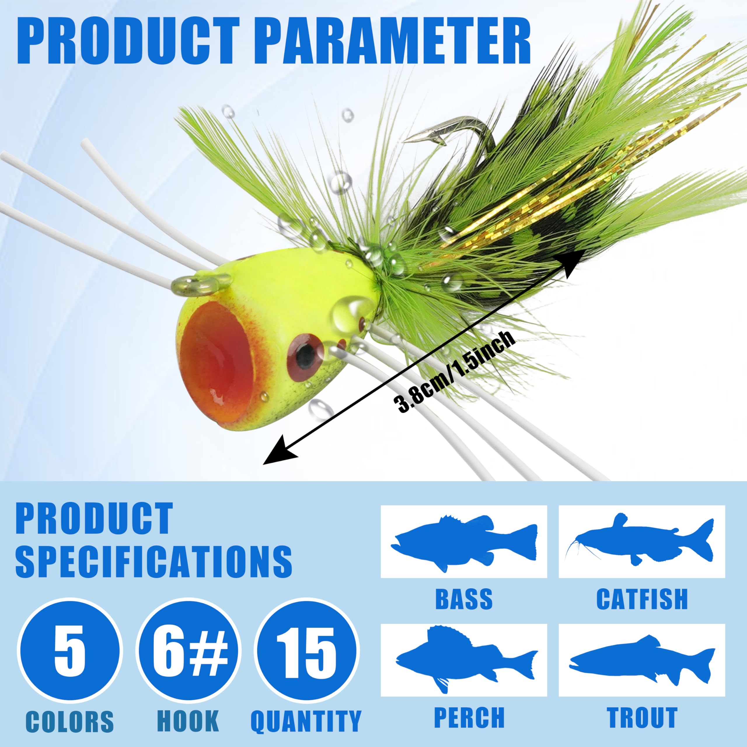 Fliegenfischen Popper Fliegen, Popper Angelköder, Topwater Poppers Fliegen, Käfer Köder für Fliegenfischen, Barsch, Bluegill, Crappie, Forelle, Lachs, Panfish, Barsch