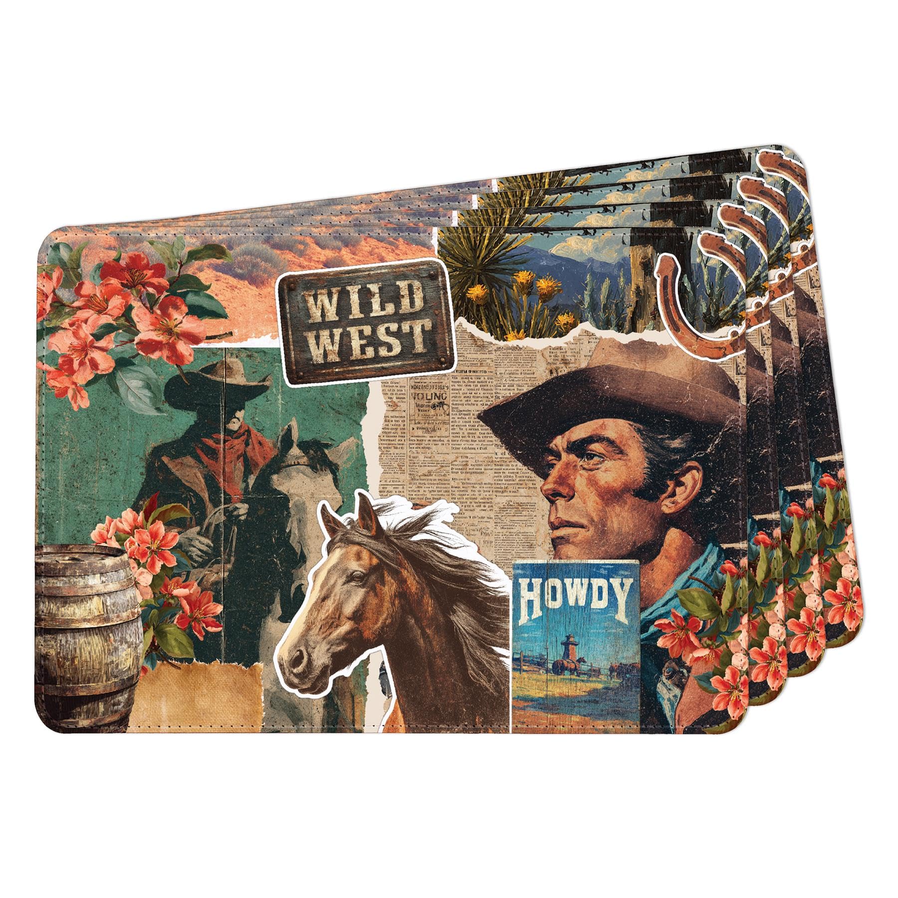 Set of 4 Faux Leather Placemats - Wild West Trail Rider Collage - Waterproof Wipeable Dining Table Mats, 28 x 20cm