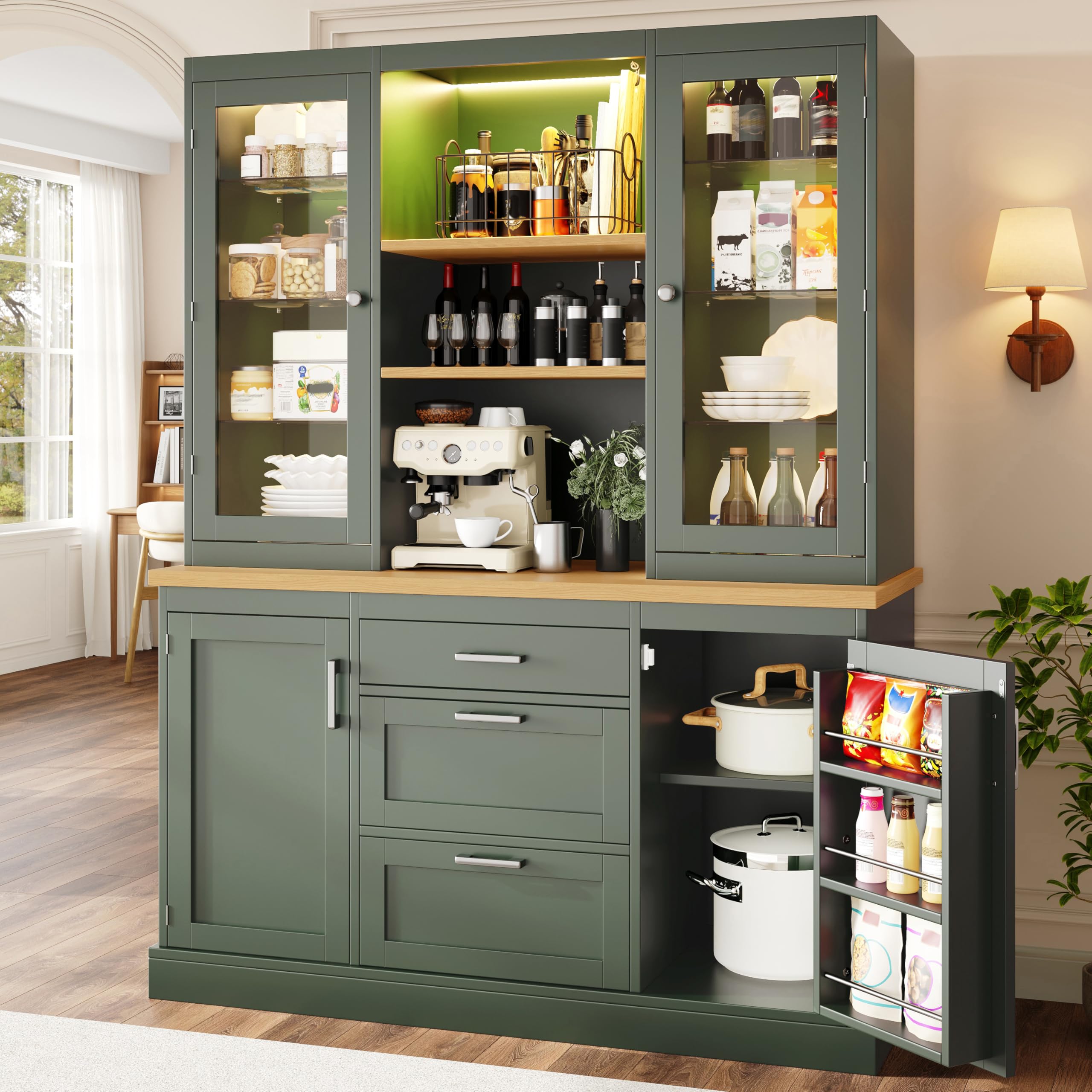 Armadio da cucina con illuminazione a LED, controllo app, 185 x 140 x 40 cm, 3 cassetti, piano di lavoro, ripiani regolabili, nero/bianco/verde