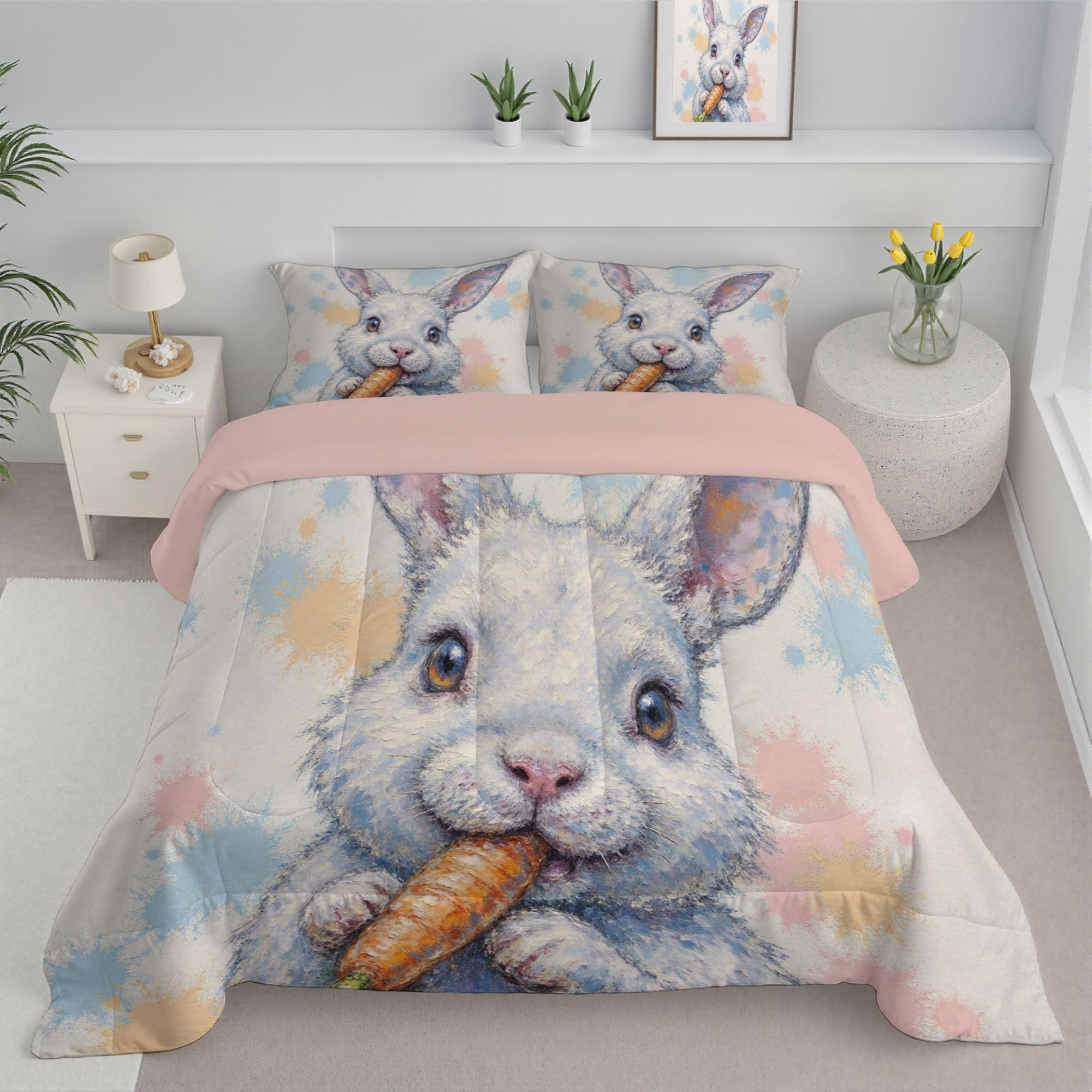 Trapunta Letto Matrimoniale 4 Stagioni Piumone per Bambini, Coniglio Carota Leggero Astratto Pittura A Inchiostro Set di Biancheria da Letto 200x200cm con 2 Federe,Piumino Lavabile In Lavatrice
