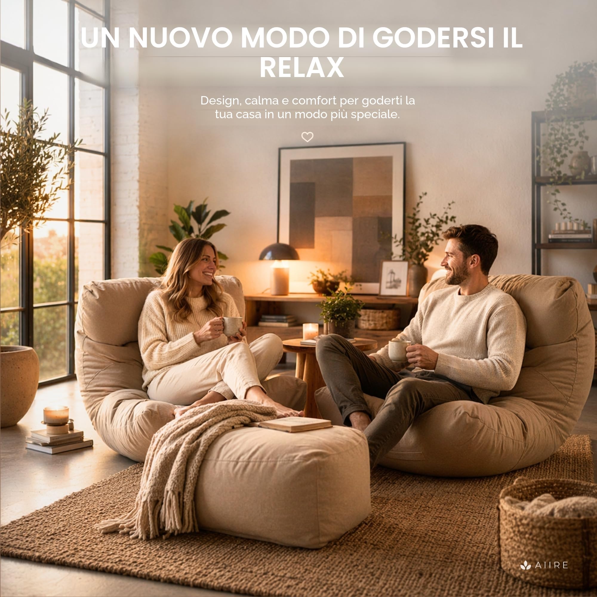 Aiire Pouf Poltrona Sacco di Design - Puff per Sedersi in Cotone con Imbottitura Inclusa - Bean Bag Chair per Salotto, Camera da Letto o Lettura - Pouffe Moderno Beige