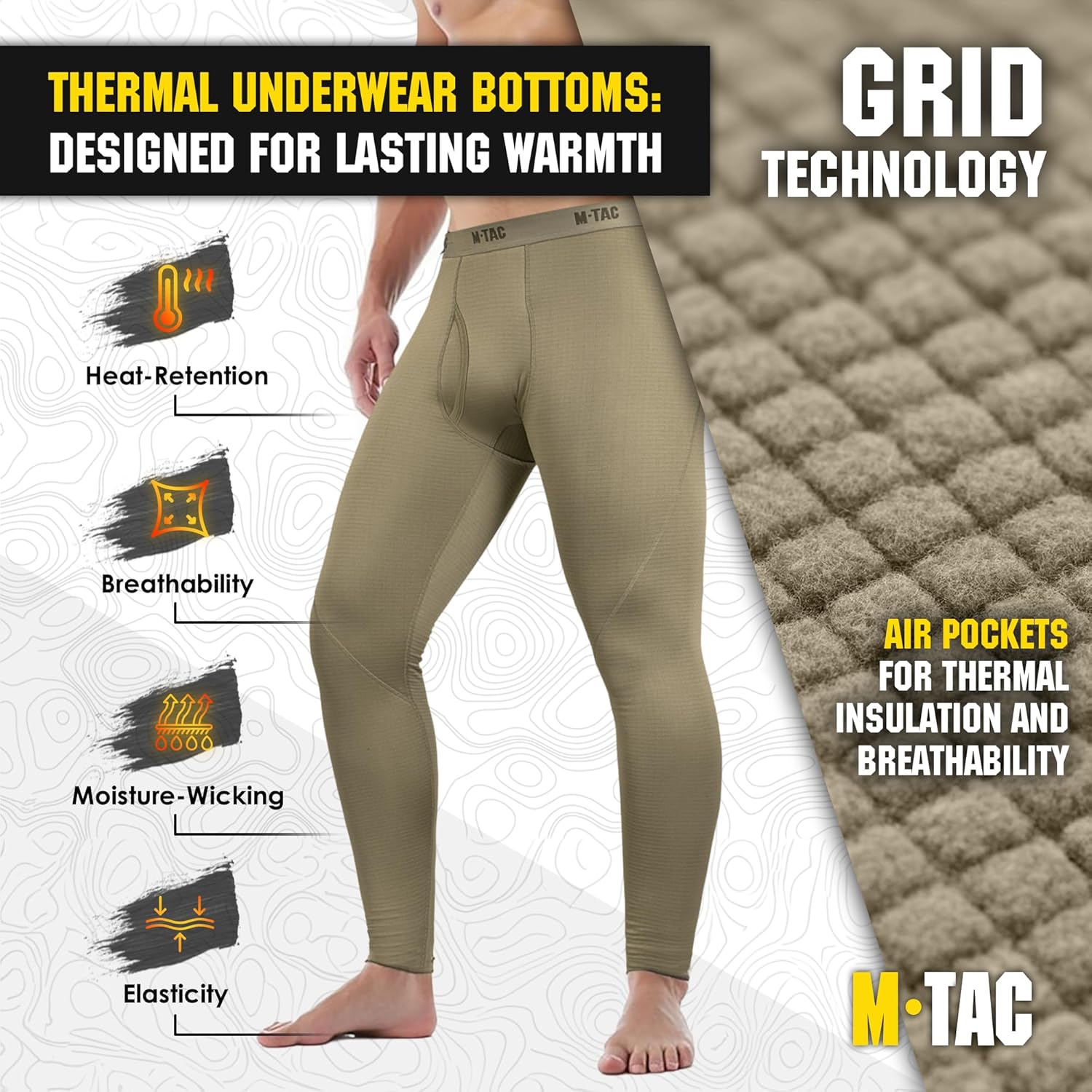 M-Tac Men’s Thermal Compression Pants – Grid Fleece Lined Base Layer Underwear Bottoms for Cold Weather ECWCS Delta Level 2 - Image 2