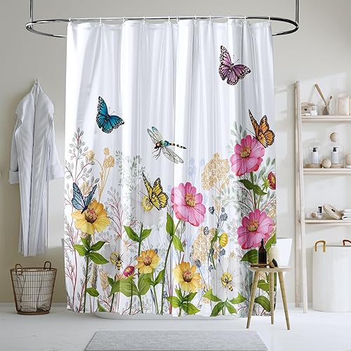 Miniatura 2 de Cortina de ducha con flores de acuarela, hojas doradas y purpurina para decoración de baño, juego de cortina de ducha de tela impermeable floral con