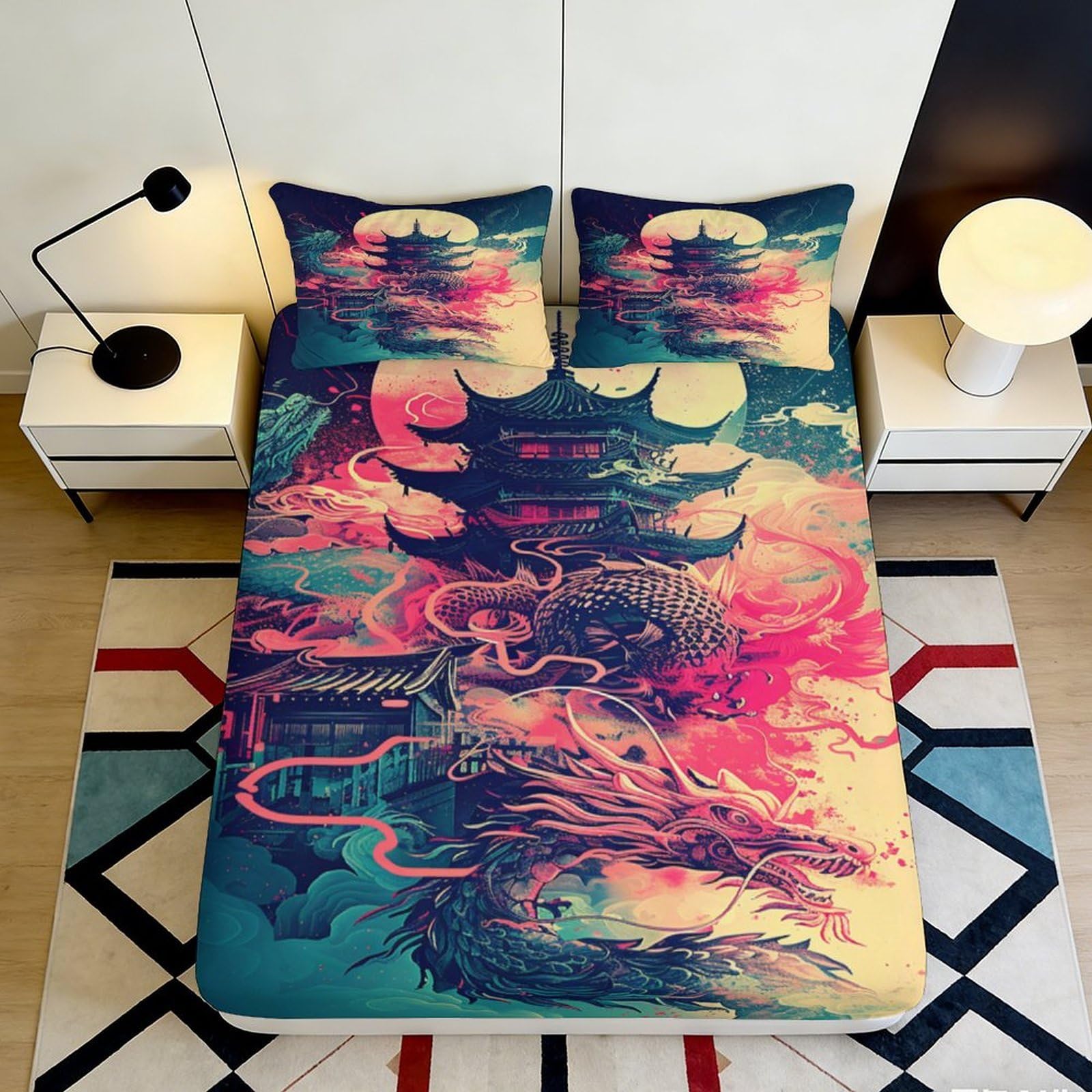 3D Printed Oriental Dragon Fitted Sheet Microfiber Soft Breathable Sunset Pagoda Mattress Cover for Bedroom Dorm Decor 90x200x25cm