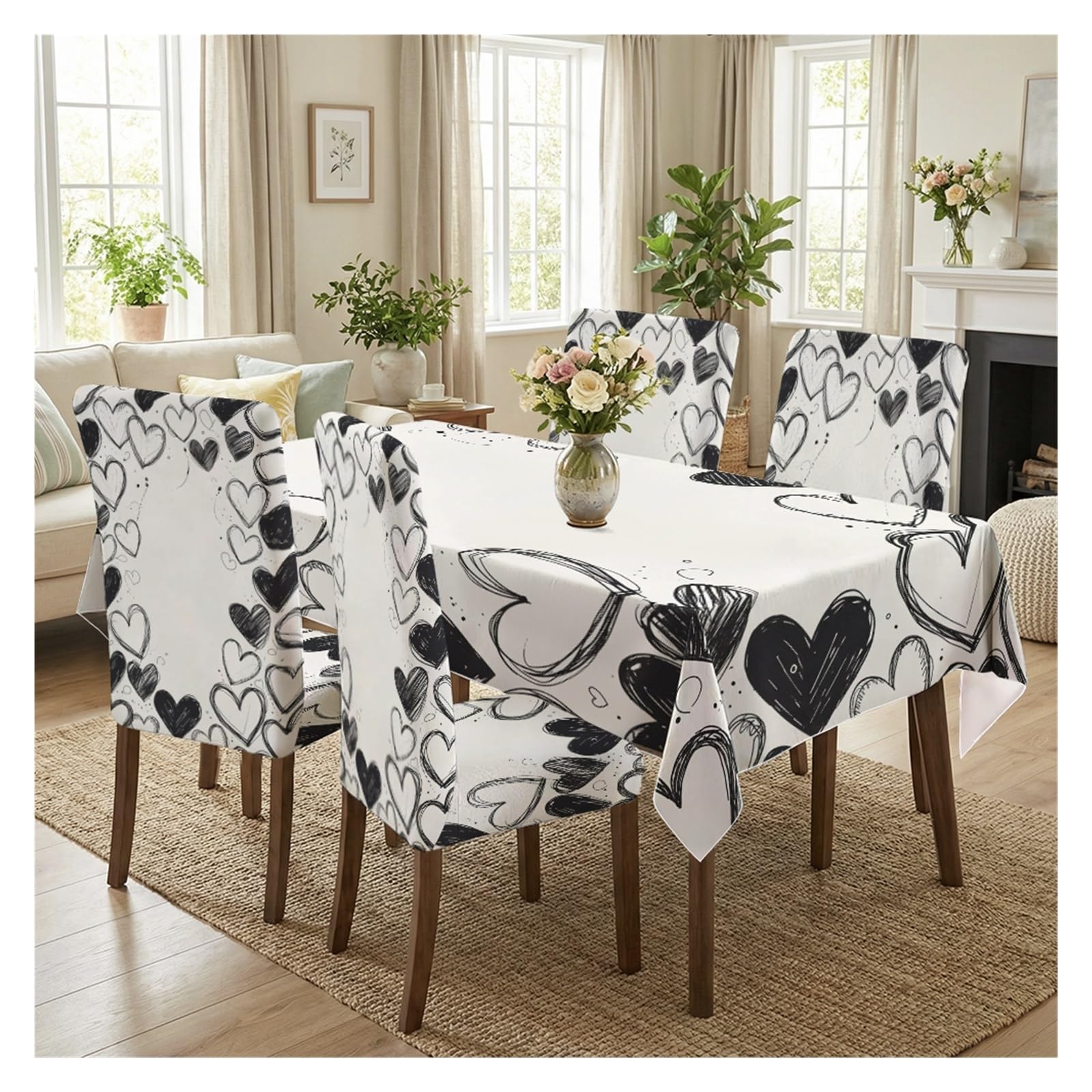 BOSUYBN Black White Hand Drawn Heart Printed Dining Tablecloth & Chair Covers Set, 5/7 Piece Minimalist Romantic Home Decor Table Setting(5pcs Set: Tablecloth+Chair Covers)