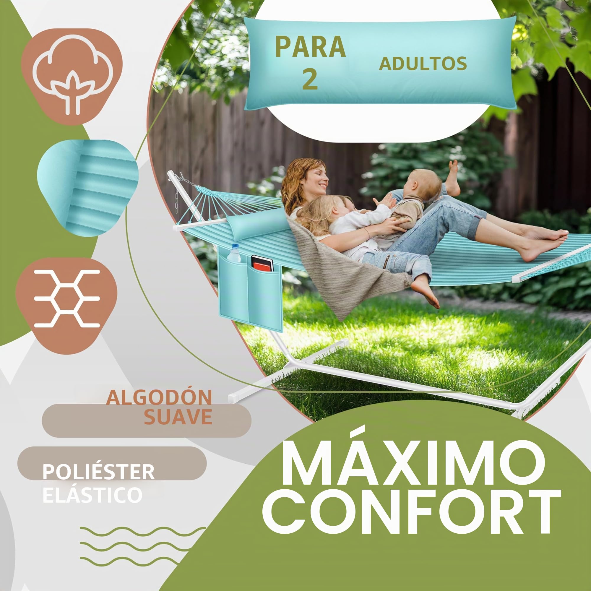 KESSER® Hamaca Hill con cojín estructural doble para 2 personas, marco estable, 200 kg, interior-exterior, XXL, gris/azul