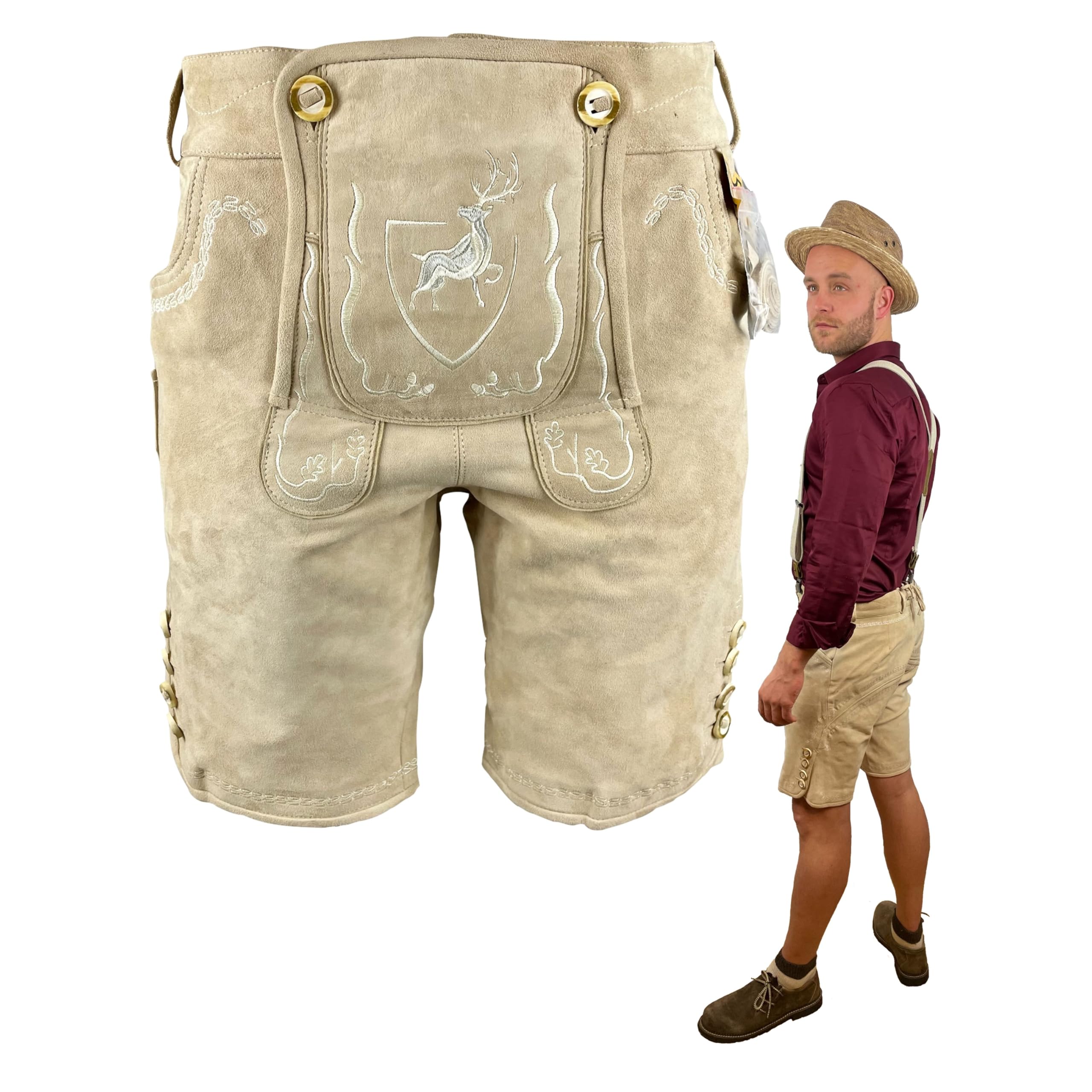 Lederhosen - Modell Der Hirsch in beige - feinstes Wildbockleder, samtweich und beständig, Herren - Trachtenlederhosen