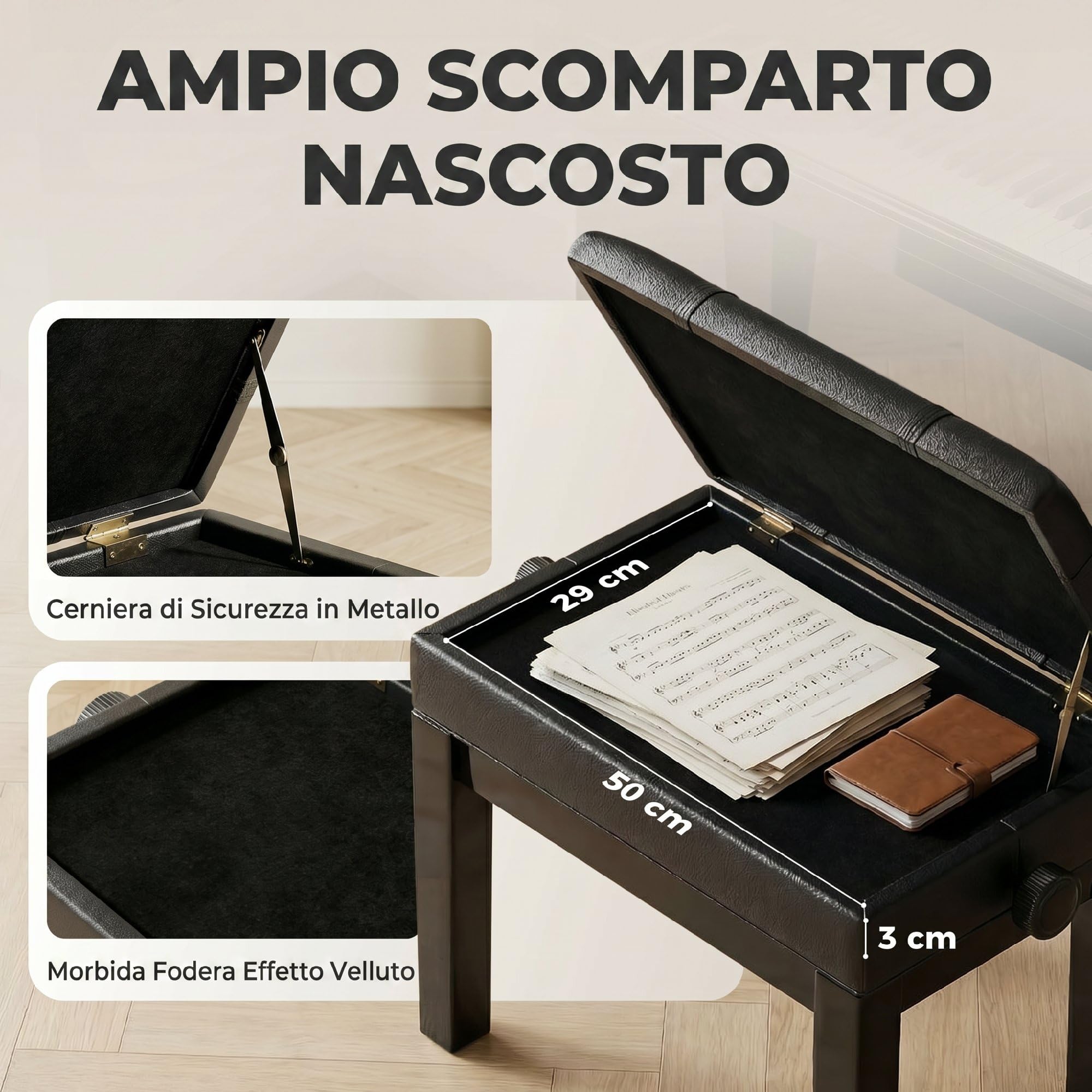 HOMCOM Sgabello per Pianoforte con Altezza Regolabile e Vano Contenitore, Panca per Pianoforte in Legno e Finta Pelle PU, 63x35x46-56cm, Nero