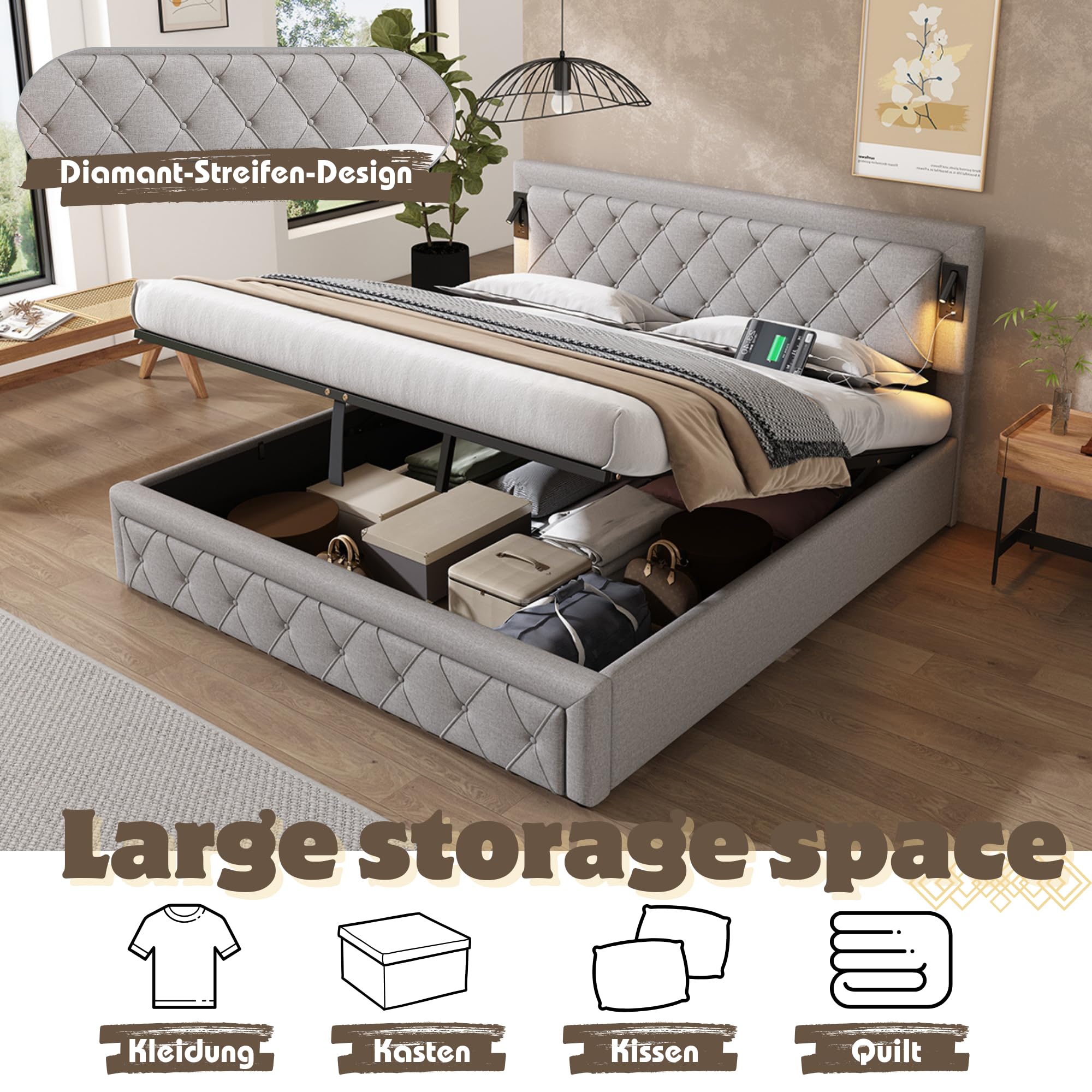 Aoskem Polsterbett 180x200 cm Doppelbett mit Stauraum, Kopfteil mit Leselicht & USB-Ladestation, Stauraumbett Bettgestell mit Lattenrost, Jugendbett Rückenlehne Flachbett, Ohne Matratze, Leinen Grau