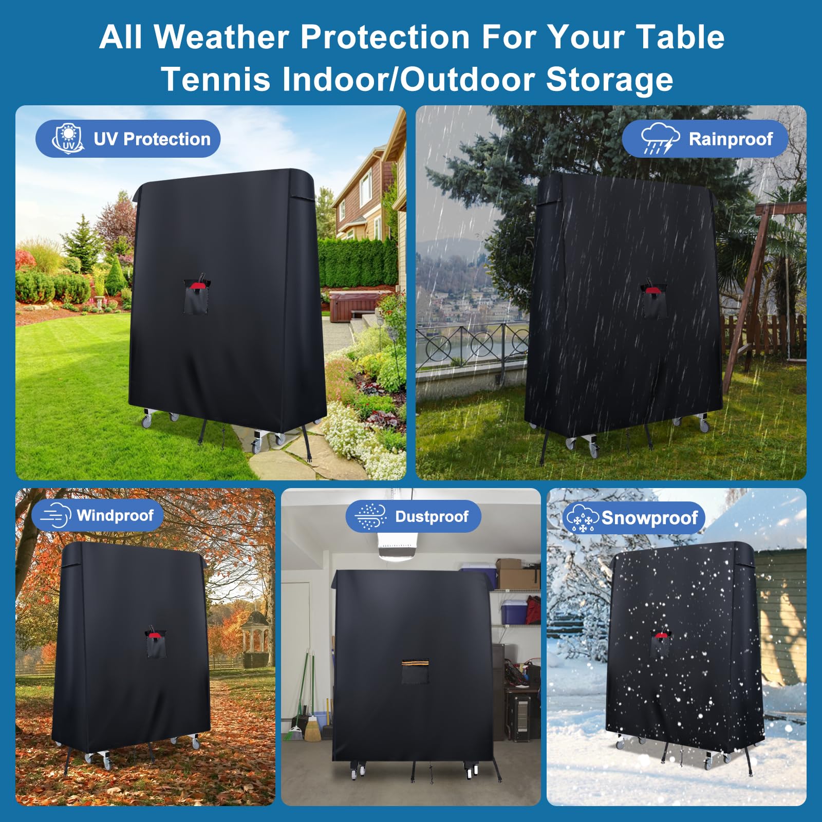 Funda de tenis de mesa impermeable al aire libre, cubierta de mesa de tenis de mesa 420D de alta calidad con 2 hebillas resistentes al viento, bolsillo para remo y ventilación de aire, funda universal