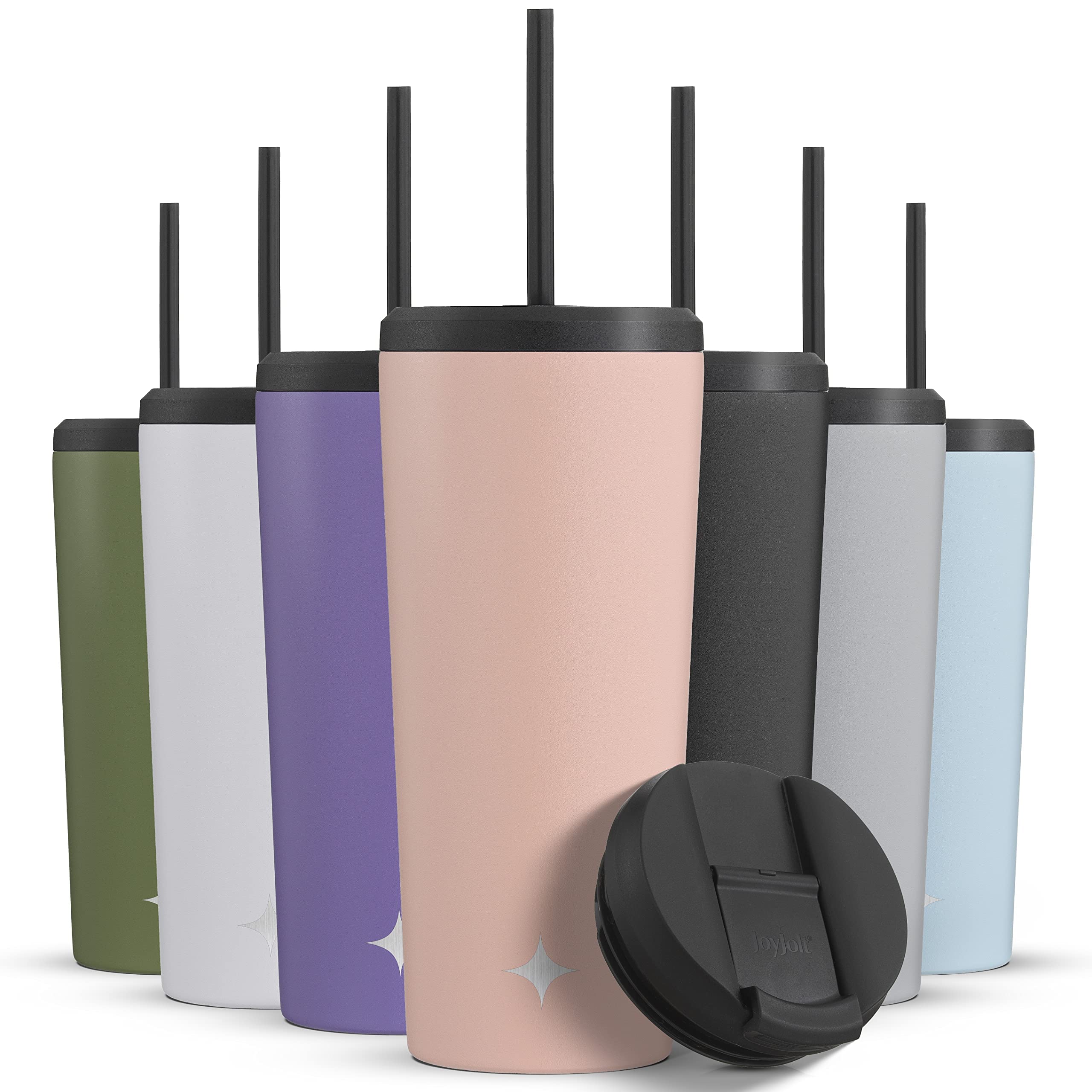 JoyJoltVacuum Insulated 24 oz Tumbler with Lid and Straw (2 Each) Vacuum Double Wall Stainless Steel Tumbler, Copper Lined for 12Hr Hold/Cold Drinks. Leakproof Water Bottle, Tea or Iced Coffee Cup