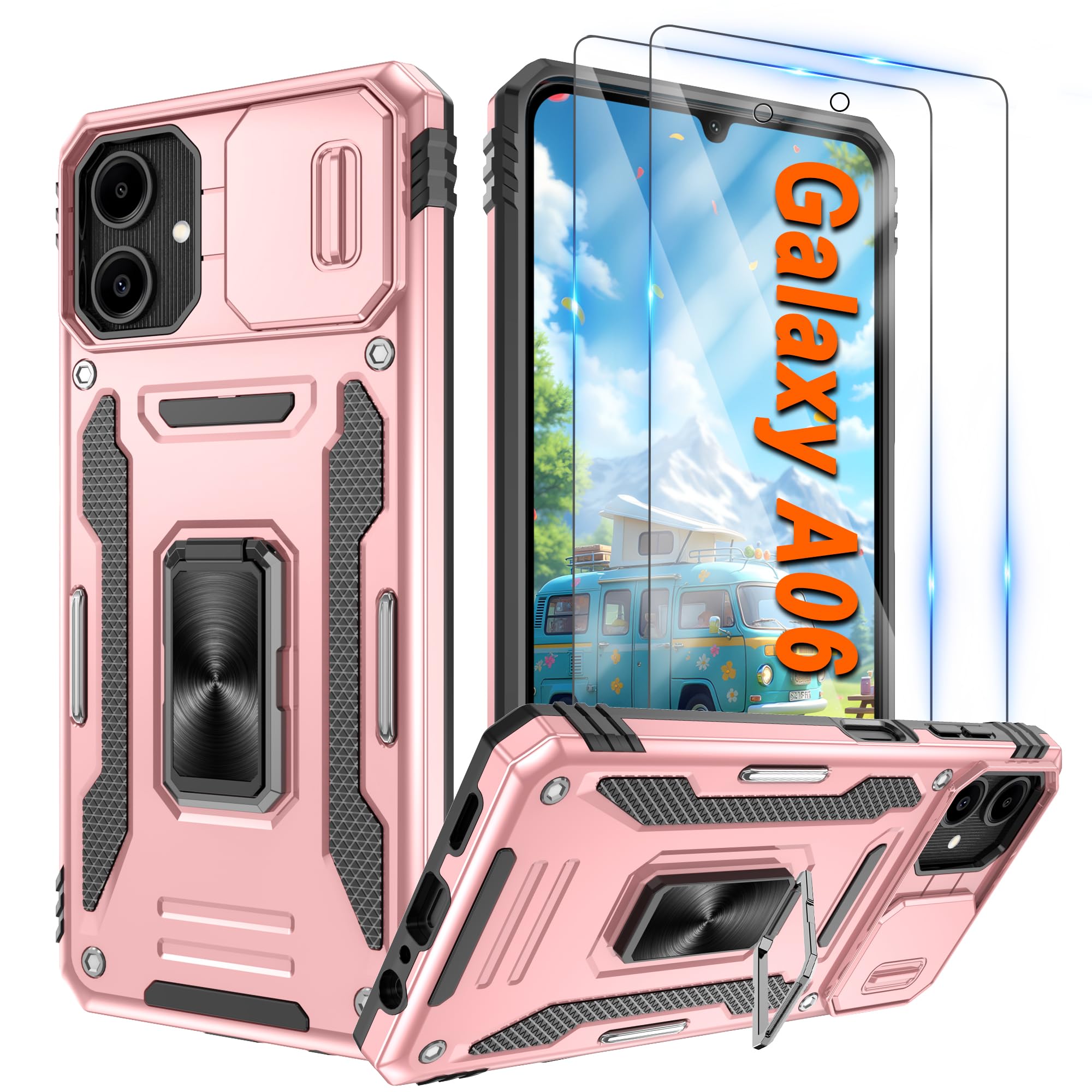 Pilaru Handyhülle für Samsung Galaxy Hülle, mit 2 Stück Schutzfolie Schiebe-Kameraschutz Militär Case,360° Drehhalter Ring Stoßfestes Cover Handy Hüllen
